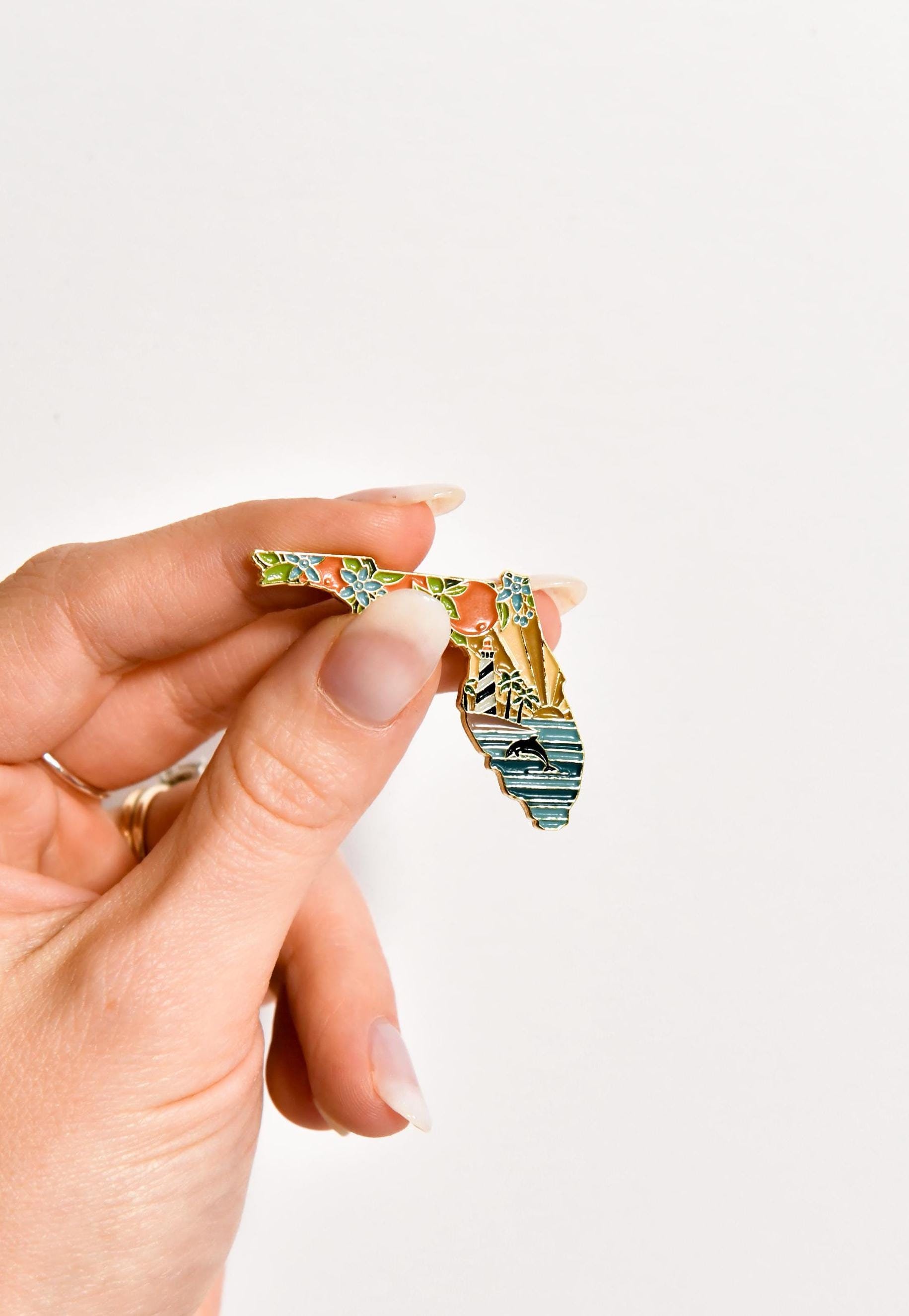 Florida Enamel Pin | Gold Soft Enamel Pin | Illustrated United State Pin | Butterfly Clasp | 1.25&quot;