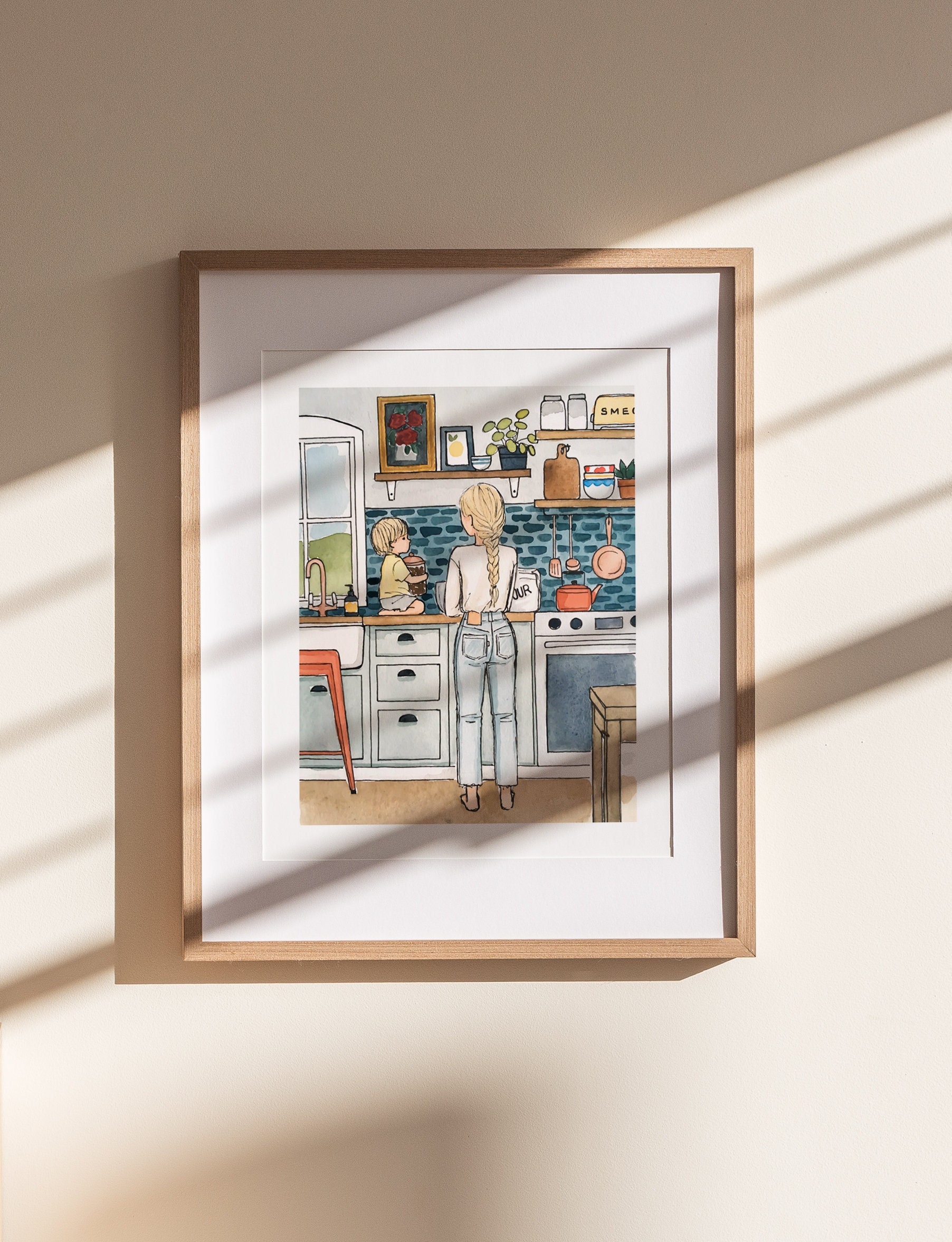 Kitchen Print | Watercolor Illustration | Mother & Son Art | Cooking artwork | Wall Art | 8x10&quot; 5x7&quot; Archival Art Print