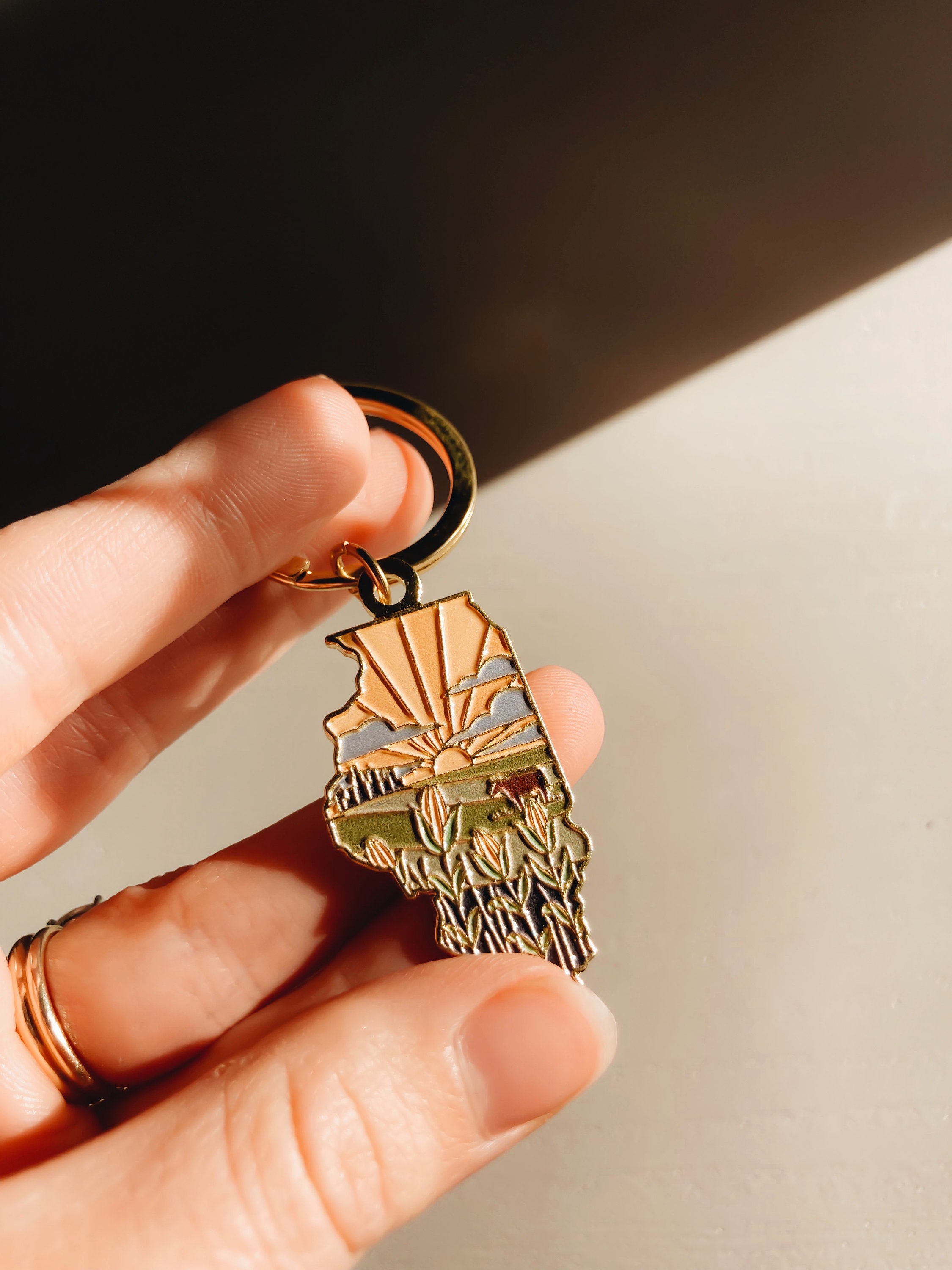 Illinois Gold Enamel Keychain | Illinois Outline Key Ring | Soft Enamel Illustrated State Keychain 1.75&quot;