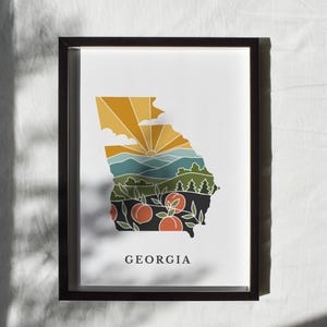 Impresión artística de Georgia Peach / Impresión artística de archivo de 5 x 7, 8 x 10, 11 x 14, 16 x 20 / Póster con el contorno de Georgia / Ilustración de Georgia / Arte mural estatal
