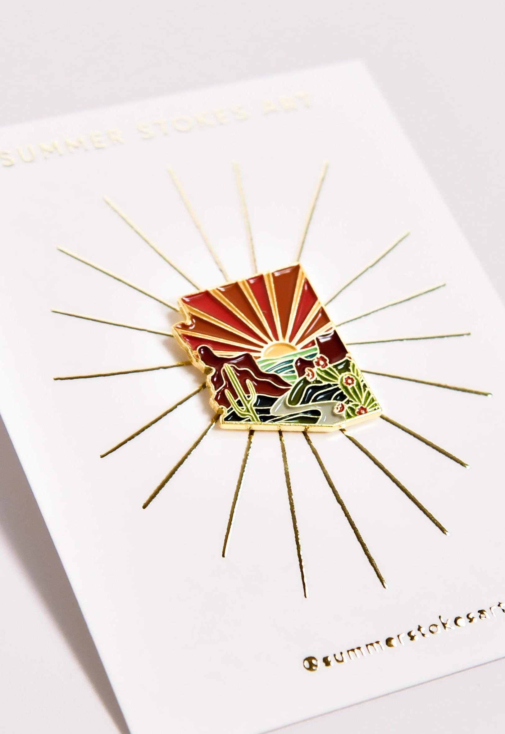 1.5&quot; Arizona Enamel Pin | Gold Soft Enamel Pin | Illustrated United State Pin | Butterfly Clasp