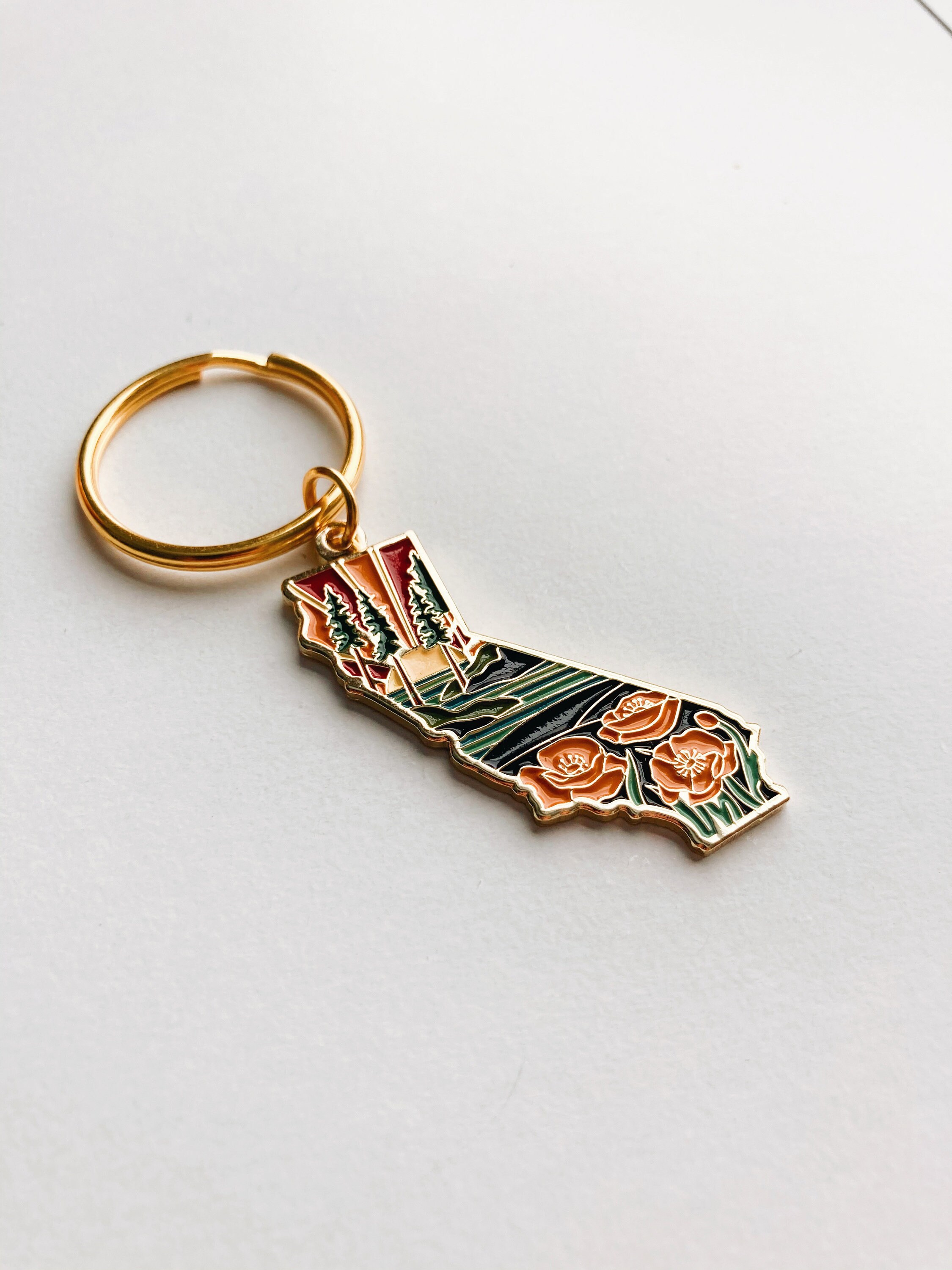 California Poppy Soft Enamel Keychain 1.5&quot; | California Outline Key Ring | Illustrated State Keychain