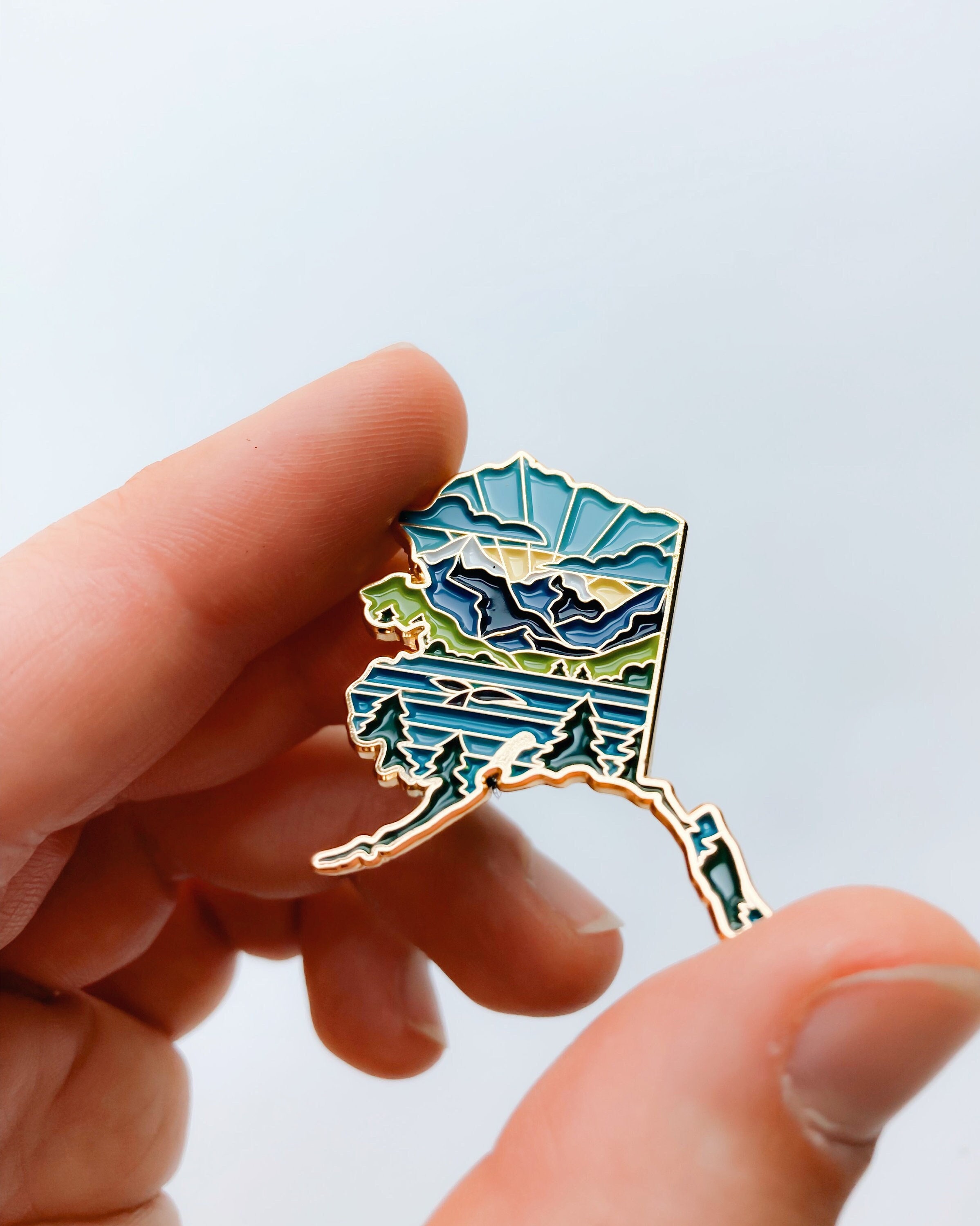 Alaska Enamel Pin | Gold Soft Enamel Pin | Illustrated United State Pin | Butterfly Clasp | 1.25&quot;