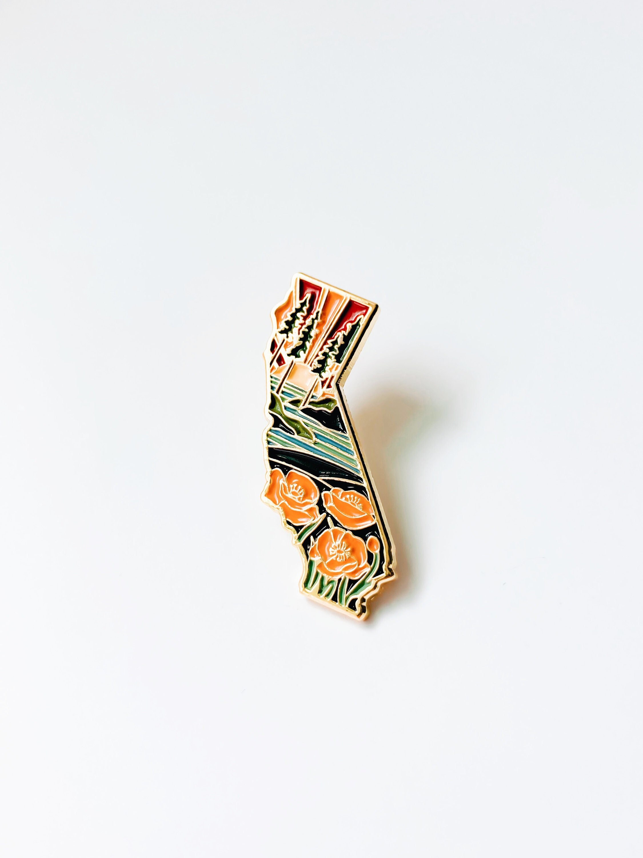California Poppy Enamel Pin | California Outline Pin | Illustrated State Pin | Butterfly Clasp | 1&quot;