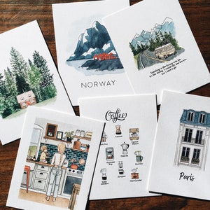 Conjunto de variedades de postales ilustradas / Conjunto de 6 / Mezclar y combinar / Postales de acuarela / Mini impresiones de arte / Estacionario ilustrado