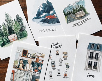 Illustrated Postcard Variety Set | Set of 6 | Mix & Match | Watercolor Postcards | Mini Art Prints | Illustrated Stationary