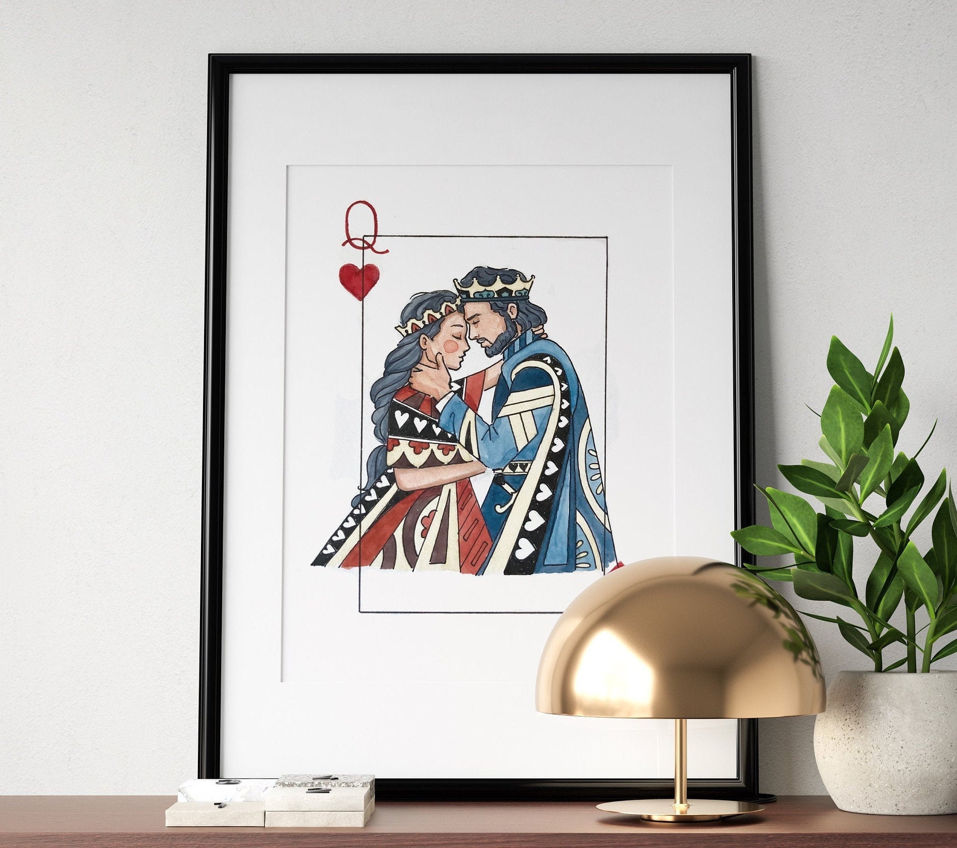 King and Queen Wall Art | Watercolor Illustration | 8x10&quot; 5x7&quot; Art Print | Valentines Gift | King & Queen Playing Cards | Wedding Gift