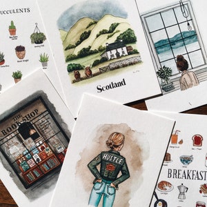 Conjunto de variedad de postales ilustradas, Conjunto de 6 para mezclar y combinar, Postales de acuarela, Mini impresiones artísticas, Papelería ilustrada
