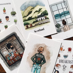 Illustrated Postcard Variety Set Set of 6 Mix & Match Watercolor Postcards Mini Art Prints Illustrated Stationary image 1