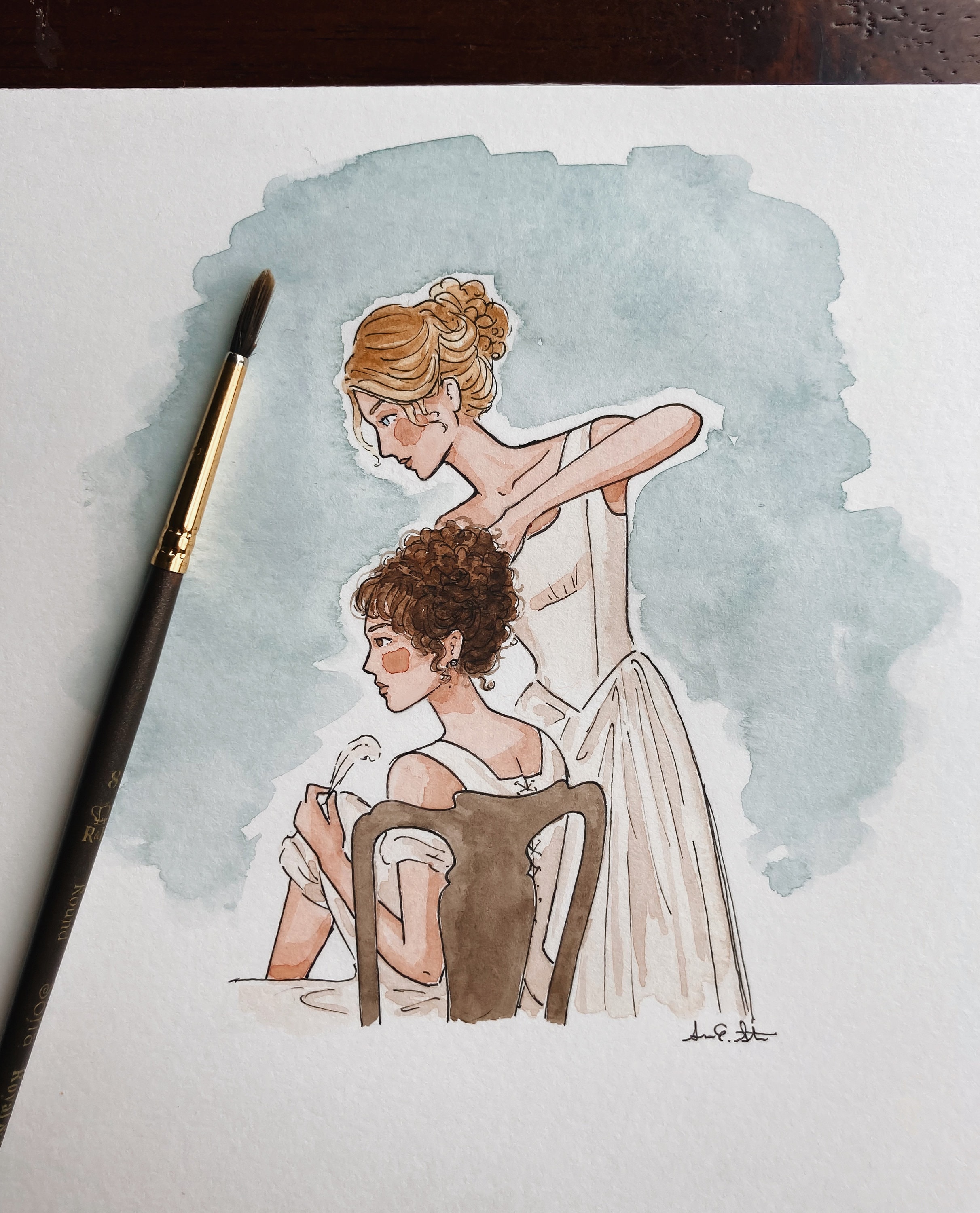 Pride & Prejudice Jane and Lizzie Print | Watercolor Illustration | Wall Art | 8x10&quot; 5x7&quot; Archival Art Print | Book Lover Gift | Jane Austen