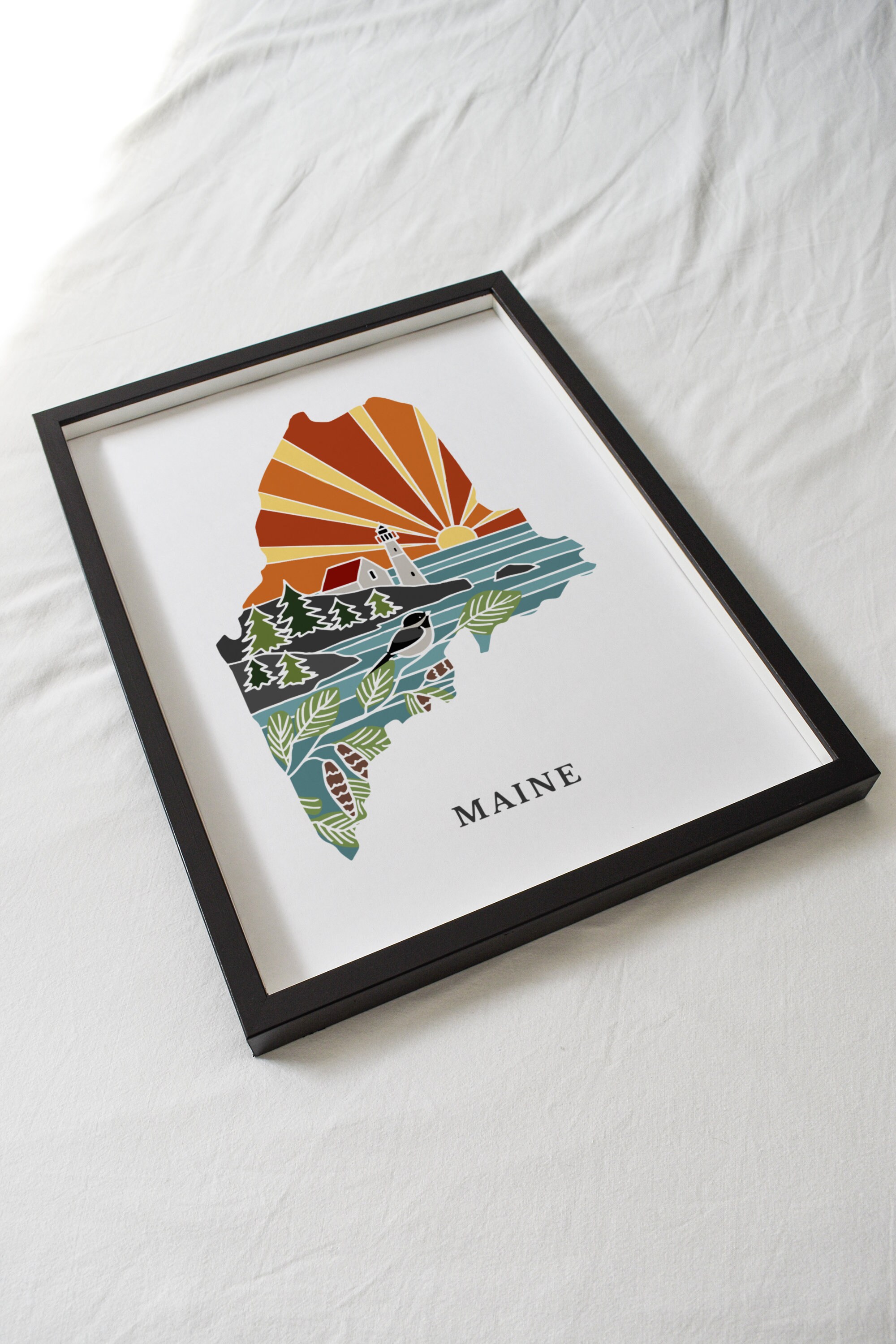 Maine Physical Art Print | State Wall Art | 5x7, 8x10, 11x14, 16x20&quot; Archival Art Print | Maine Illustrated Poster