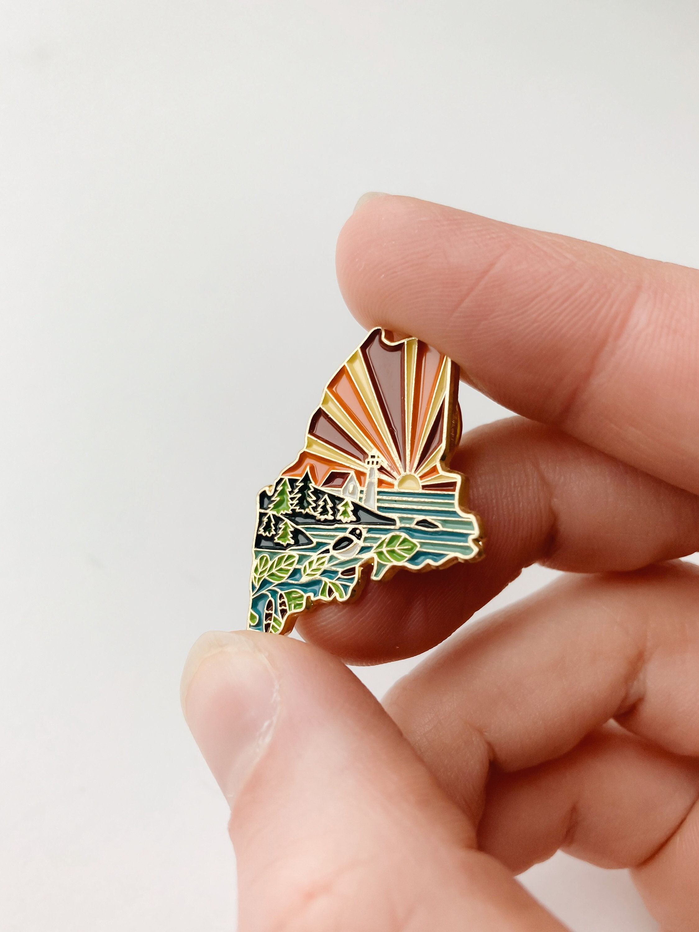 Maine Enamel Pin | Gold Soft Enamel Pin | Illustrated United States Pin | Butterfly Clasp | 1.25&quot;