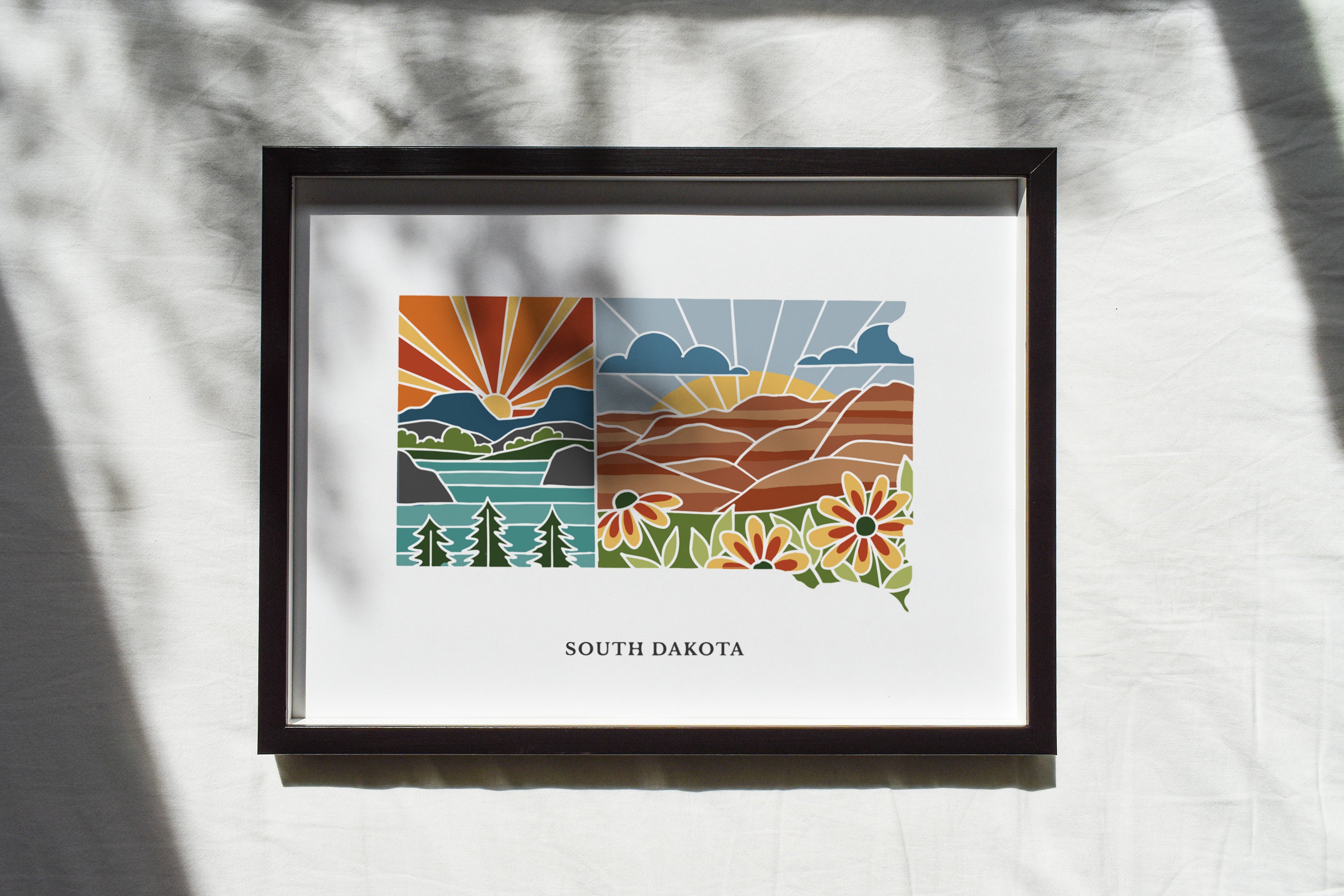 South Dakota Physical Art Print | State Wall Art | 5x7, 8x10, 11x14, 16x20 Archival Art Print | South Dakota Illustrated Poster