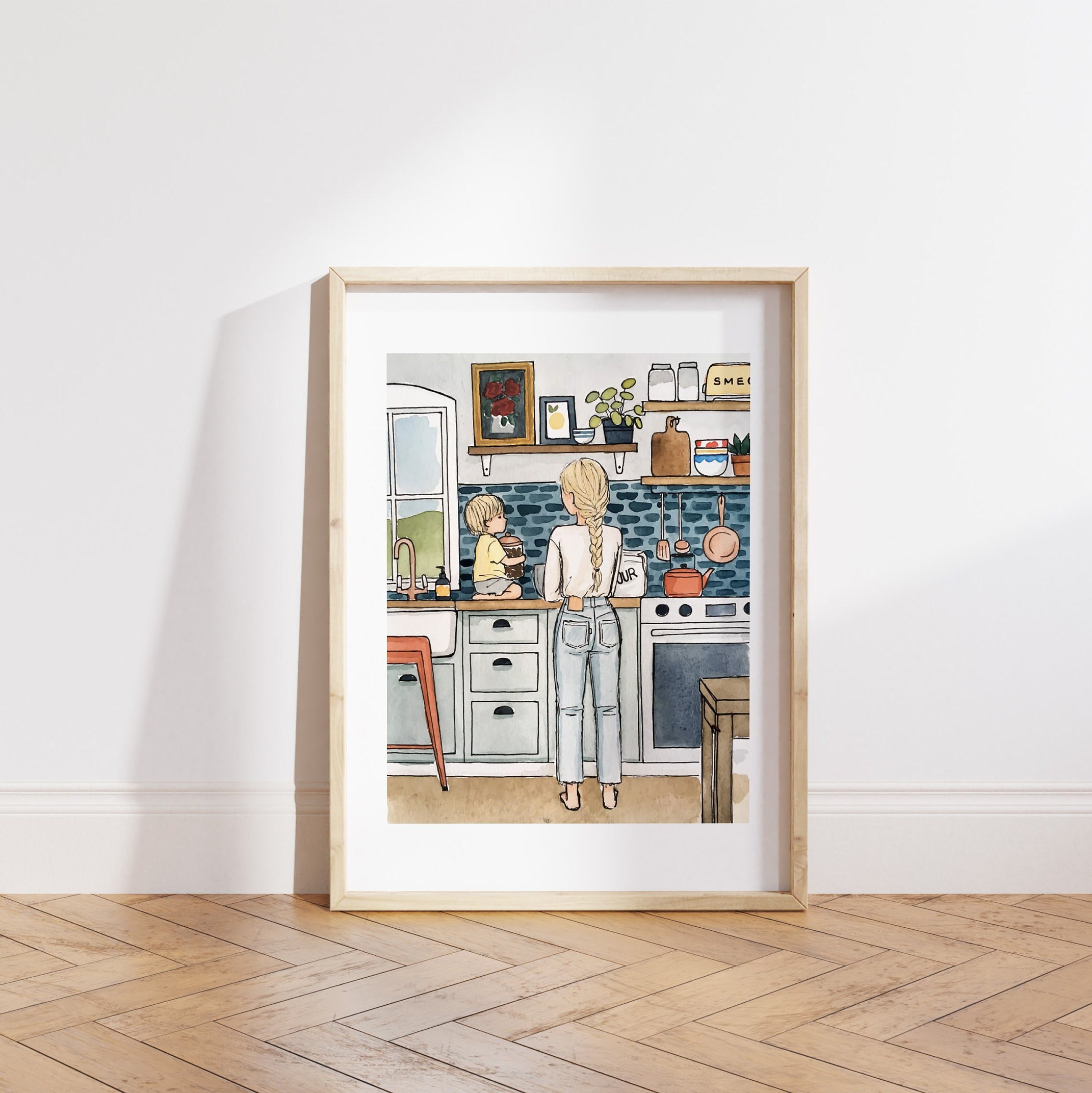 Kitchen Print | Watercolor Illustration | Mother & Son Art | Cooking artwork | Wall Art | 8x10&quot; 5x7&quot; Archival Art Print