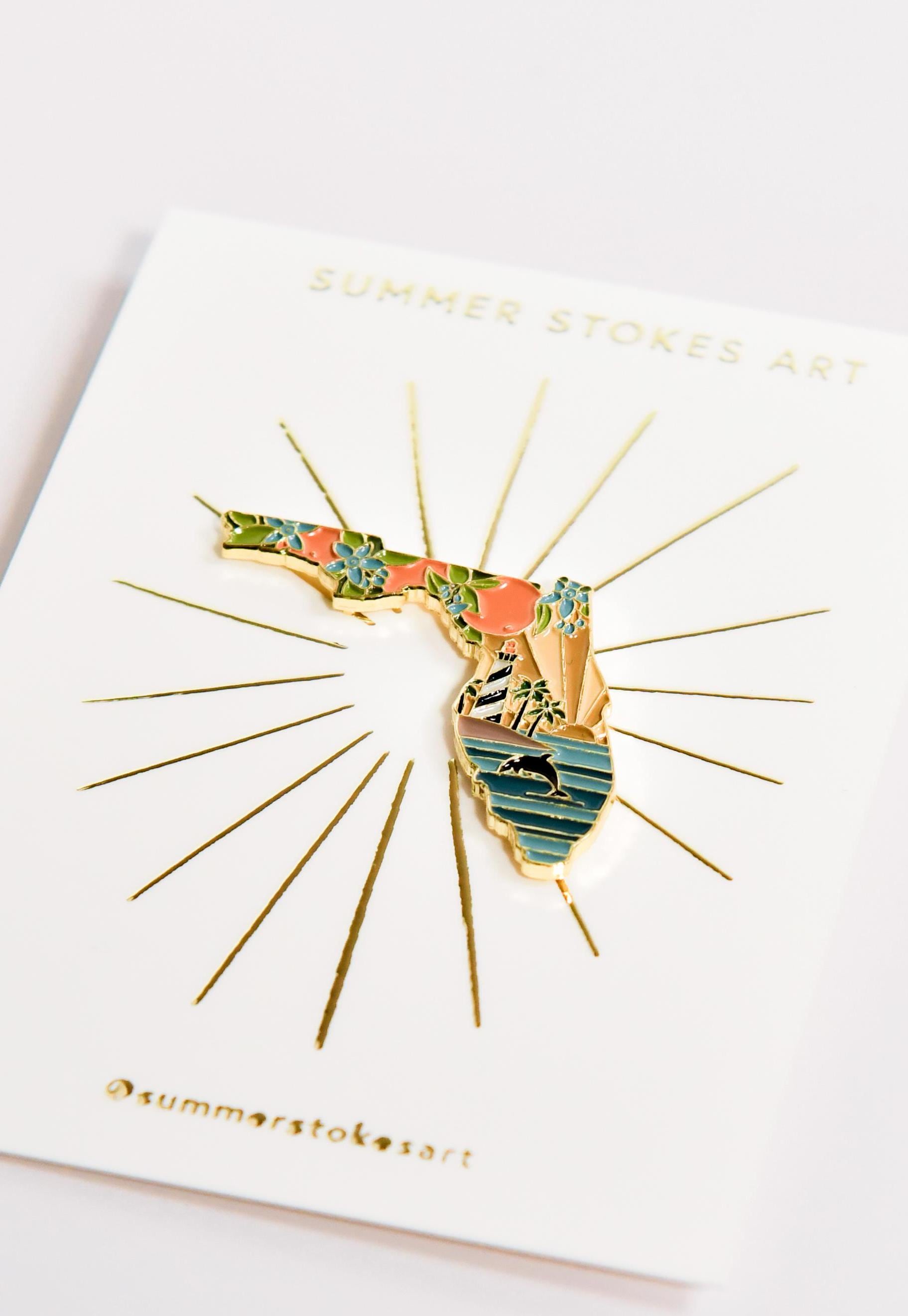 Florida Enamel Pin | Gold Soft Enamel Pin | Illustrated United State Pin | Butterfly Clasp | 1.25&quot;