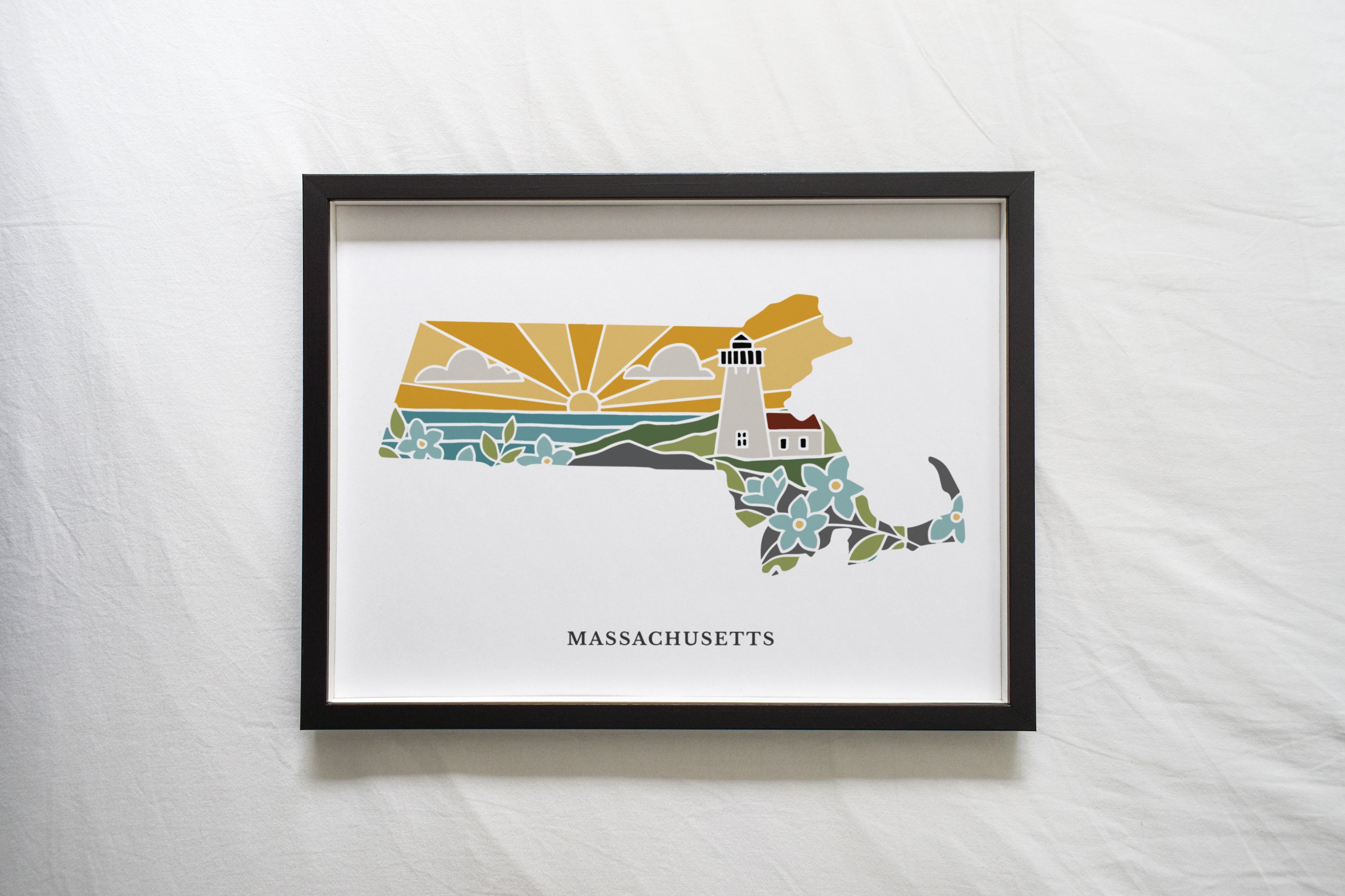 Massachusetts Physical Art Print | State Wall Art | 5x7, 8x10, 11x14, 16x20 Archival Print | MA Illustrated Poster