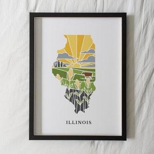 Impresión de arte físico de Illinois / Arte mural estatal / Impresión de arte de archivo de 5 x 7, 8 x 10, 11 x 14, 16 x 20 " / Póster ilustrado de Illinois