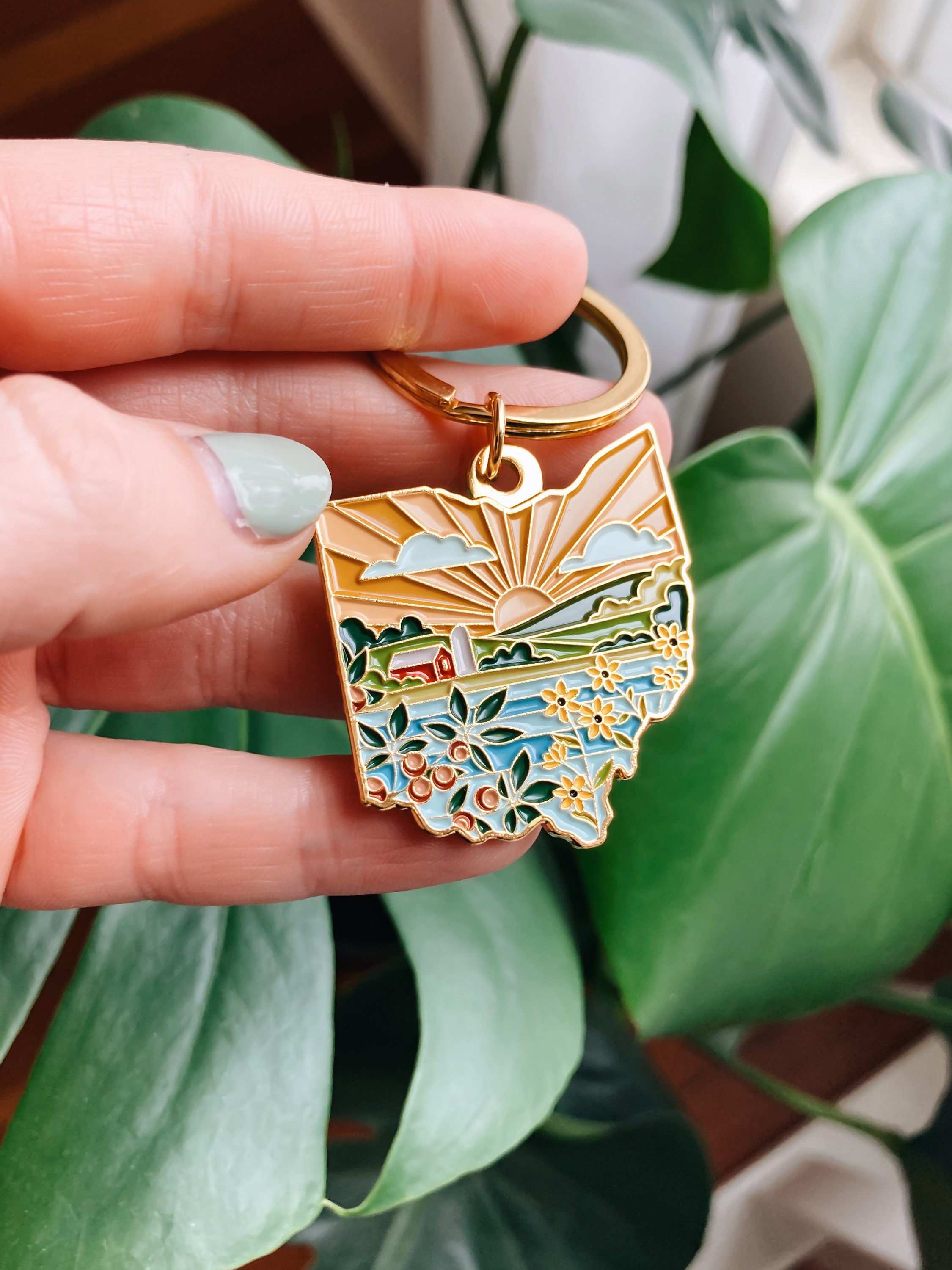 Ohio Gold Enamel Keychain | Ohio Outline Key Ring | Soft Enamel Illustrated State Keychain 1.5&quot;