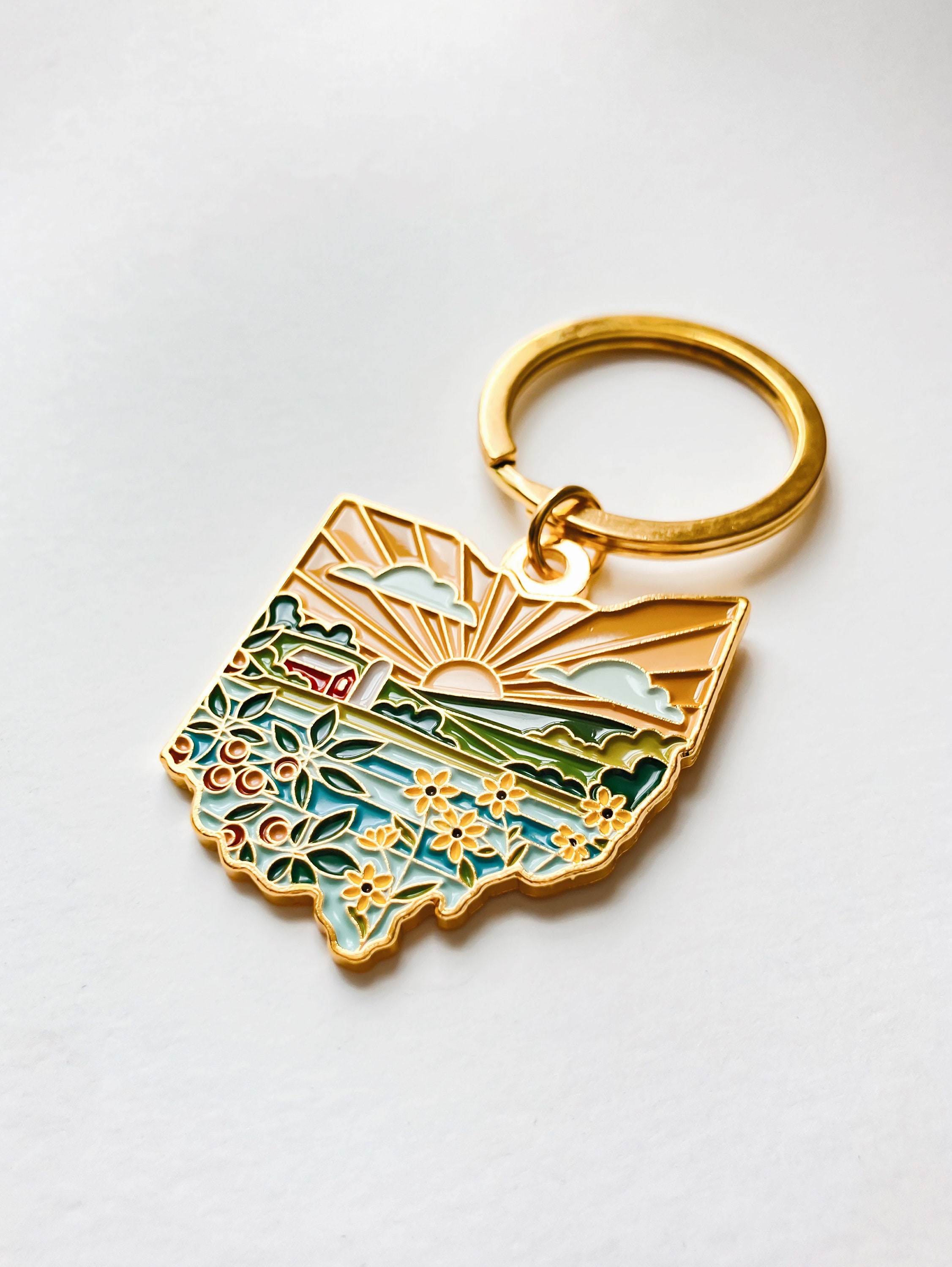 Ohio Gold Enamel Keychain | Ohio Outline Key Ring | Soft Enamel Illustrated State Keychain 1.5&quot;