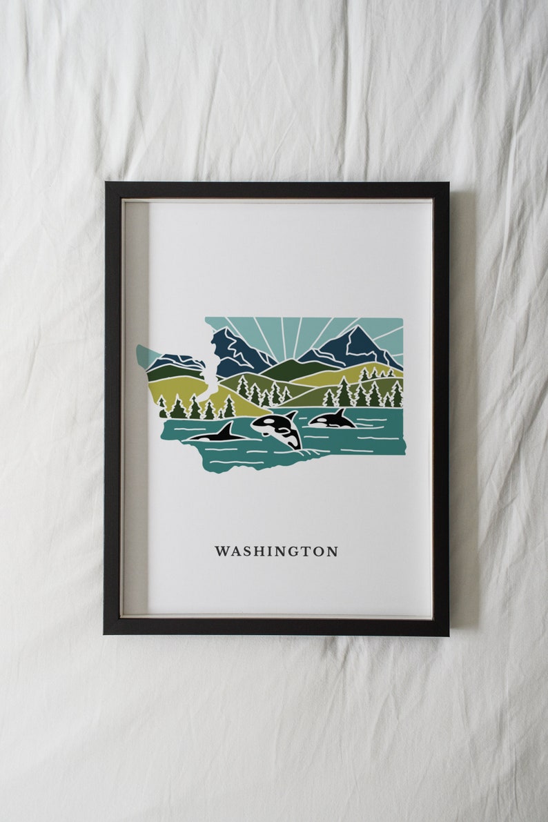 Washington Art Print State Wall Art 5x7, 8x10, 11x14, 16x20 Archival Art Print WA Outline Poster Washington Illustration image 1