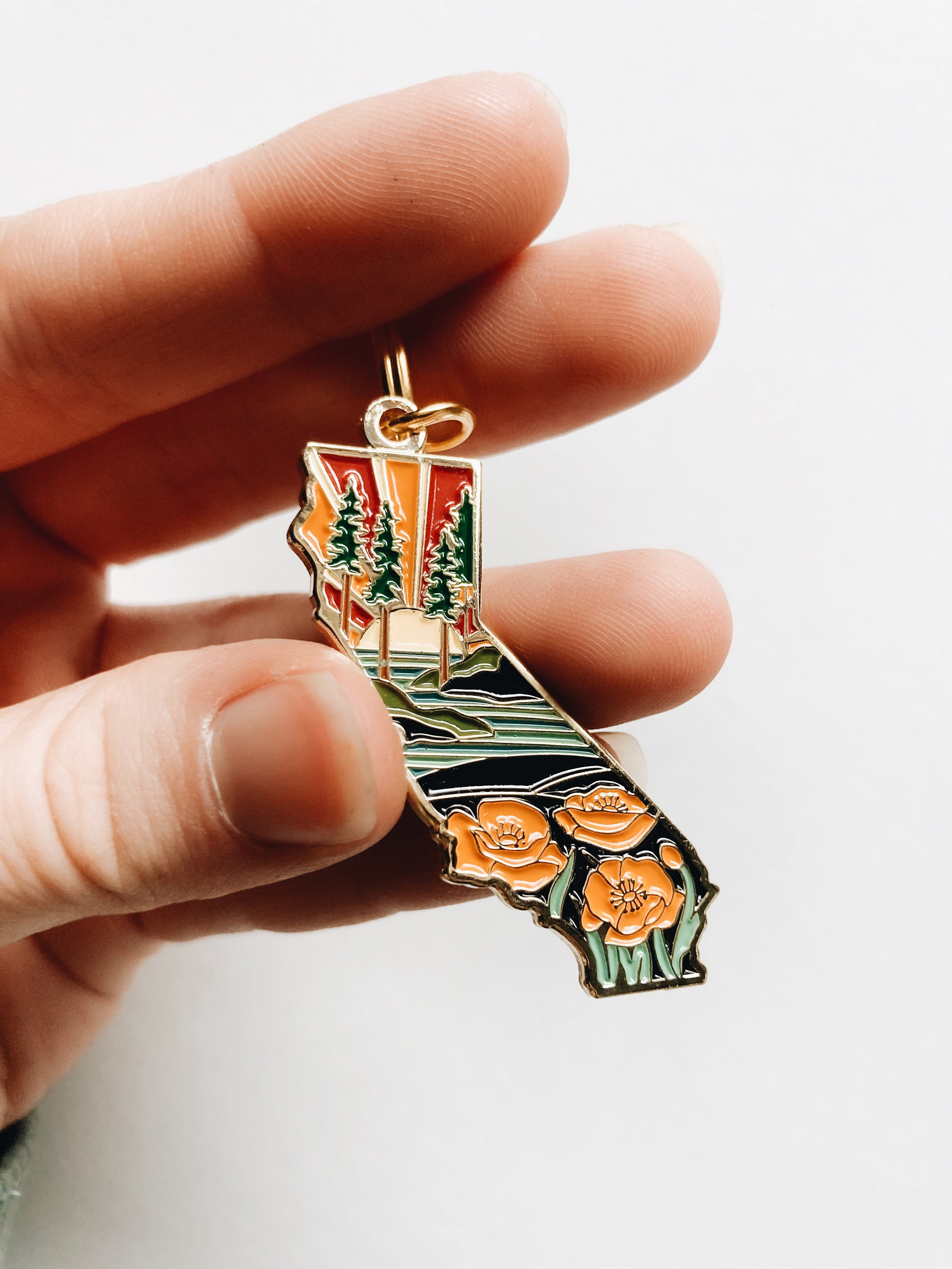 California Poppy Soft Enamel Keychain 1.5&quot; | California Outline Key Ring | Illustrated State Keychain