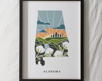 Alabama Physical Art Print | State Wall Art | 5x7, 8x10, 11x14, 16x20 Archival Art Print | Alabama Illustrated Poster