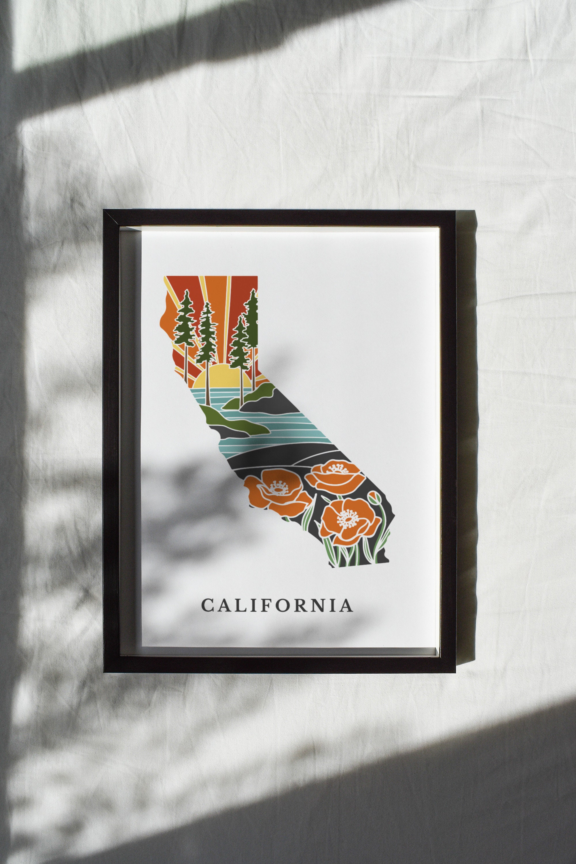 California Poppy Poster | 5x7, 8x10, 11x14, 16x20 Archival Art Print | CA Outline Poster | California Illustration | State Wall Art