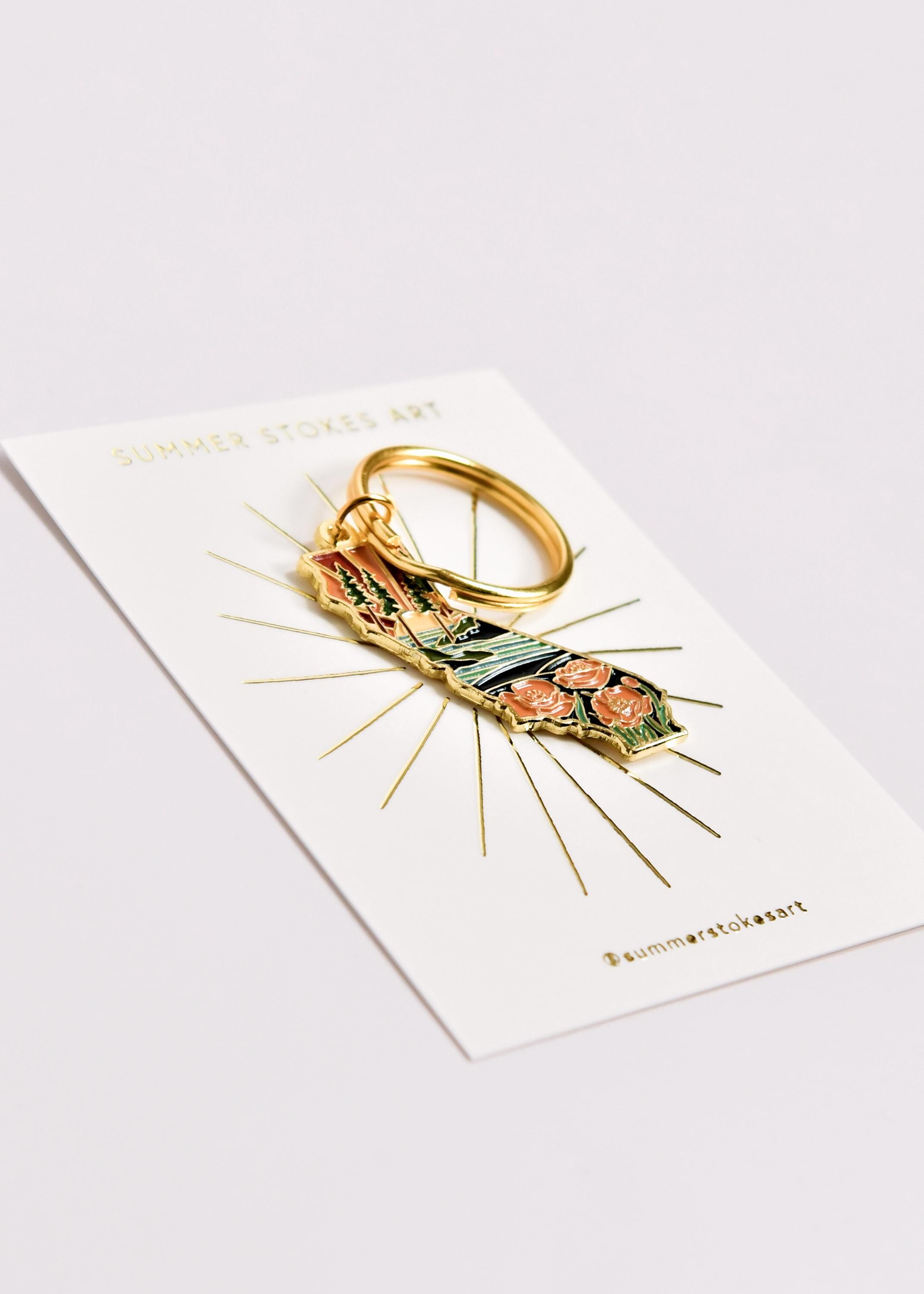California Poppy Soft Enamel Keychain 1.5&quot; | California Outline Key Ring | Illustrated State Keychain