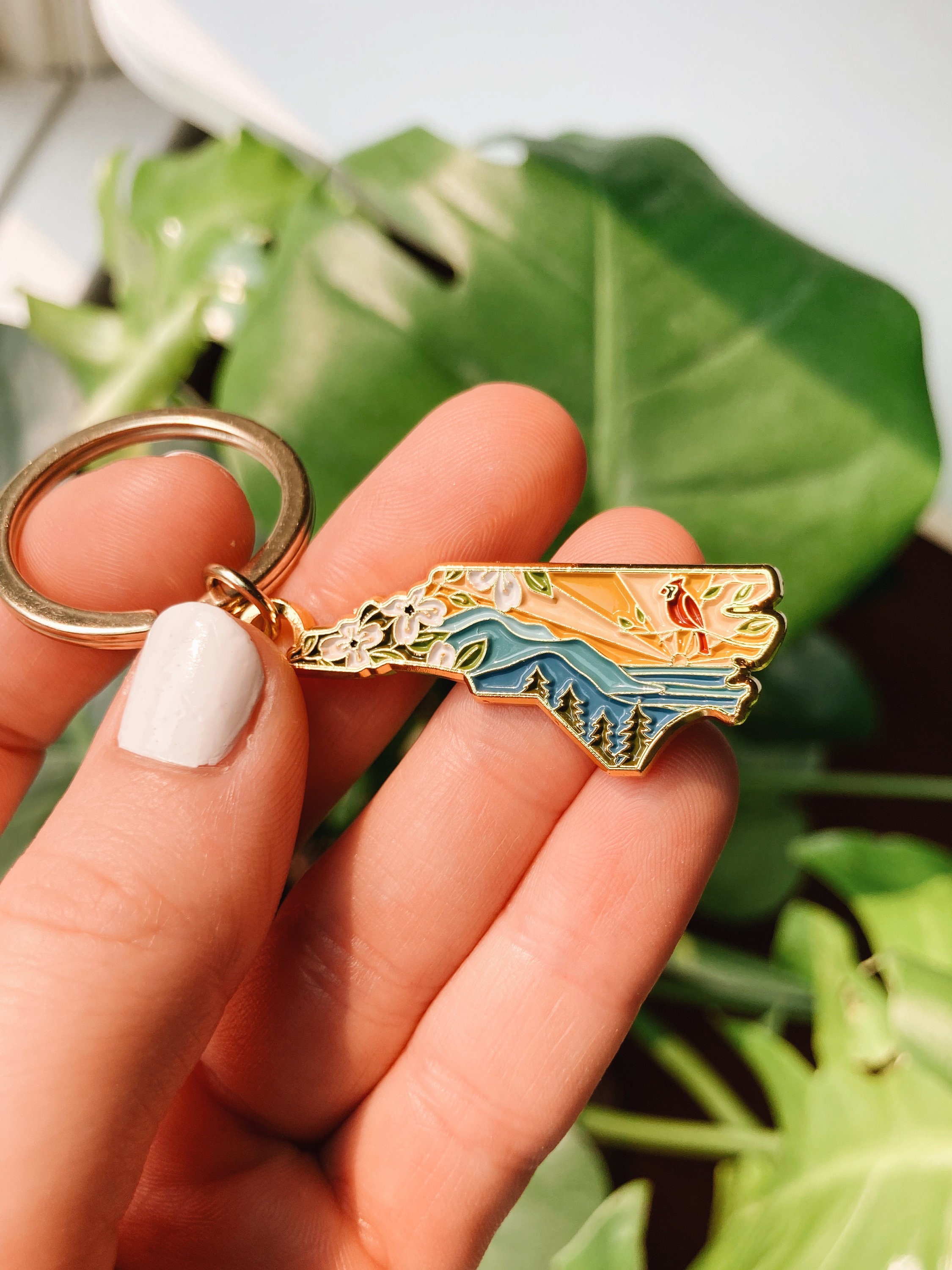North Carolina Gold Enamel Keychain | North Carolina Outline Key Ring | Soft Enamel Illustrated State Keychain 1.5&quot;
