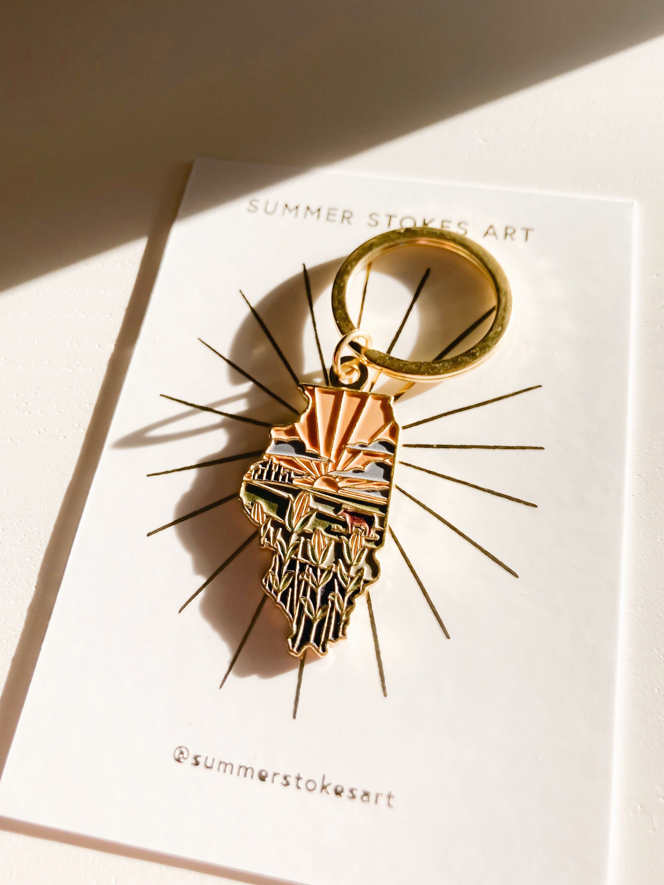 Illinois Gold Enamel Keychain | Illinois Outline Key Ring | Soft Enamel Illustrated State Keychain 1.75&quot;