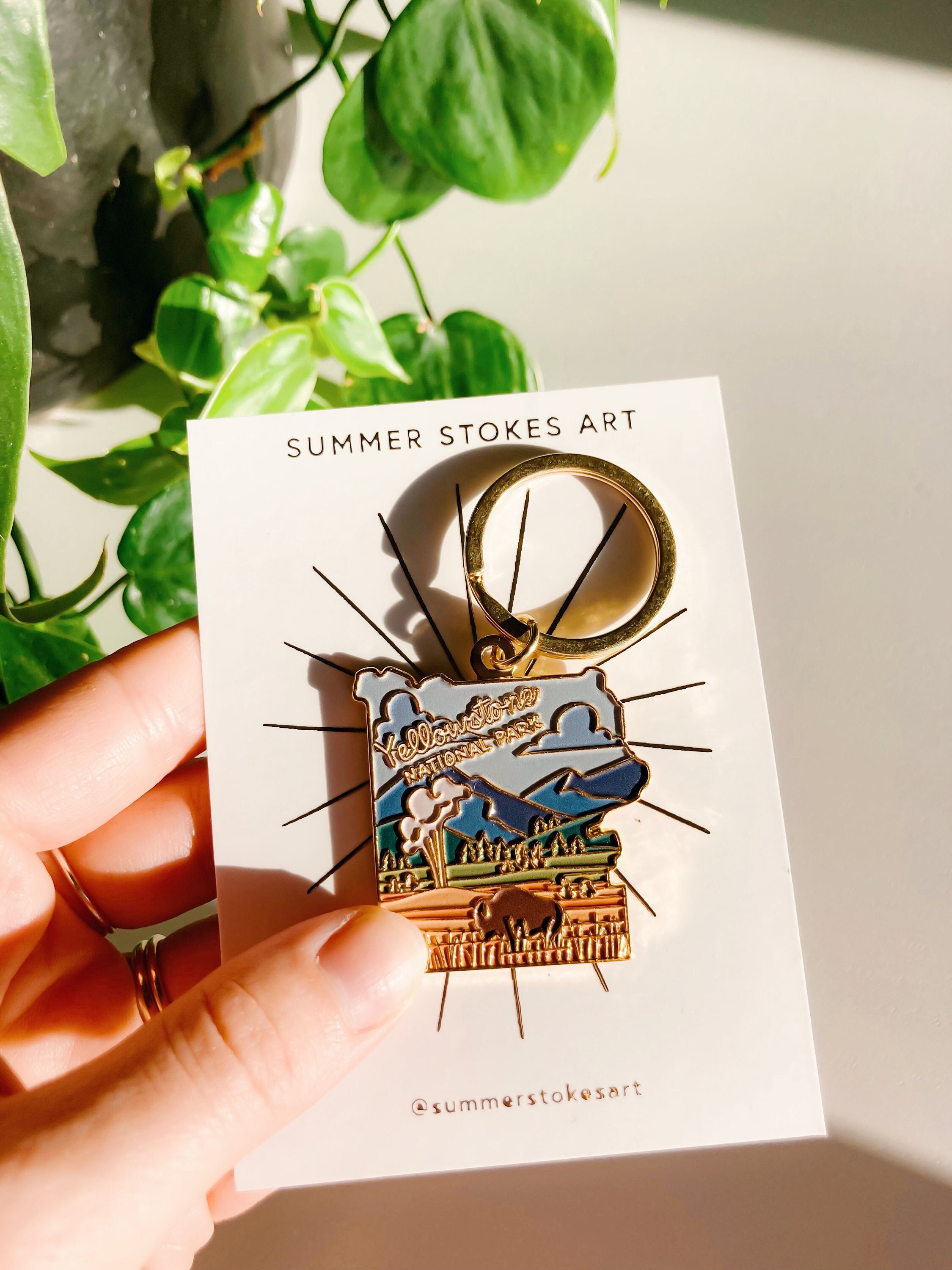 Yellowstone Gold Enamel Keychain | National Park Key Ring | Soft Enamel Illustrated Keychain | Yellowstone National Park Gift | 1.5&quot;