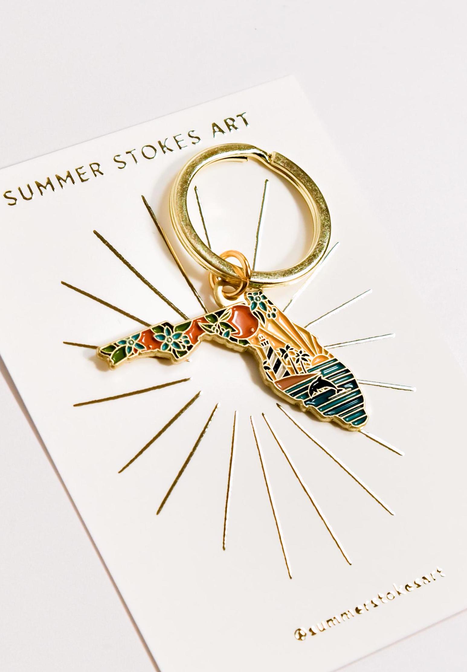 Florida Gold Enamel Keychain | Florida Outline Key Ring | Soft Enamel Illustrated State Keychain 1.5&quot;