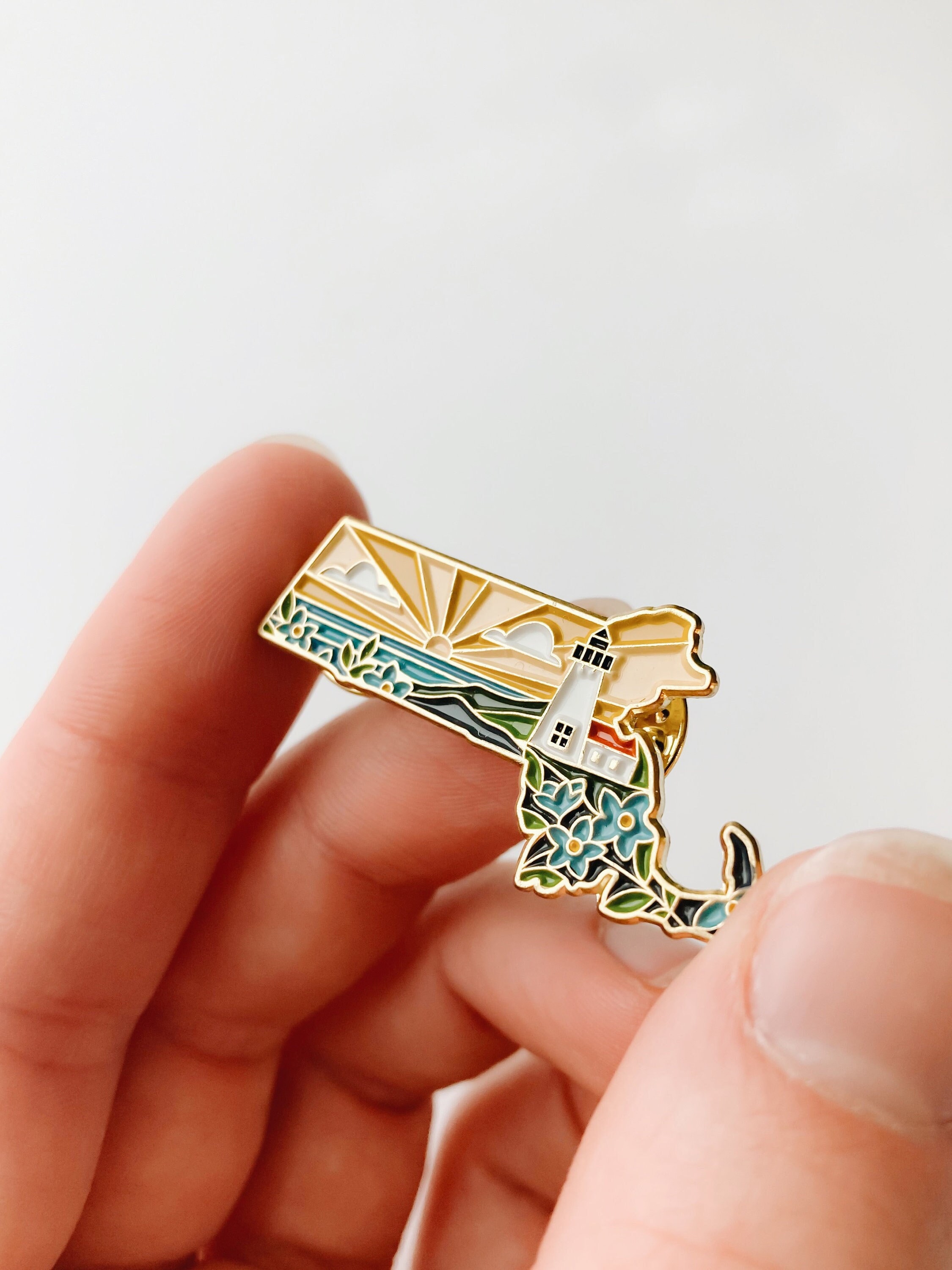 Massachusetts Enamel Pin | Gold Soft Enamel Pin | Illustrated United States Pin | Butterfly Clasp | 1.25&quot;
