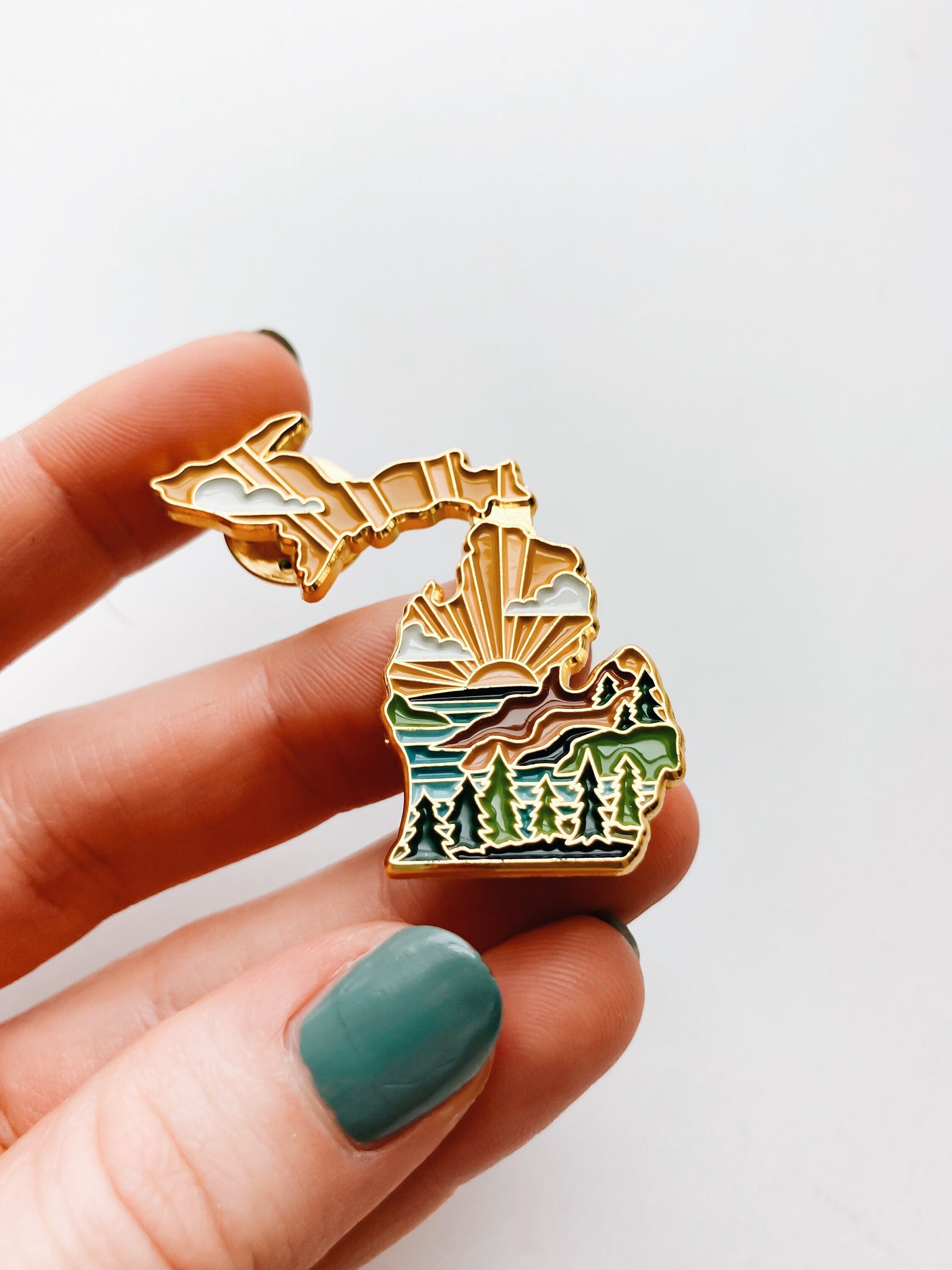 Michigan Enamel Pin | Gold Soft Enamel Pin | Illustrated United State Pin | Butterfly Clasp | 1.25&quot;