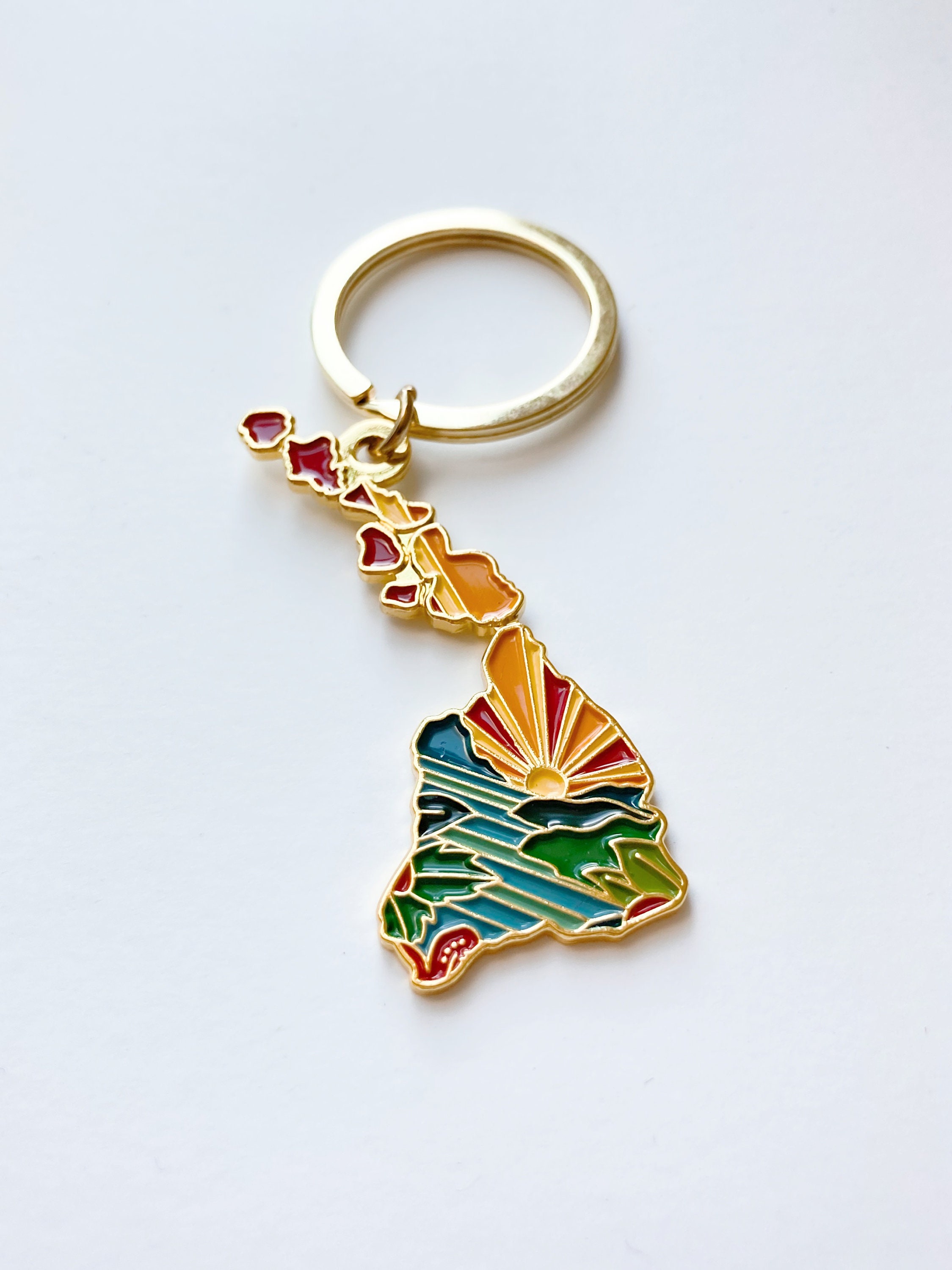 Hawaii Gold Enamel Keychain | Hawaii Outline Key Ring | Soft Enamel Illustrated State Keychain 1.75&quot;