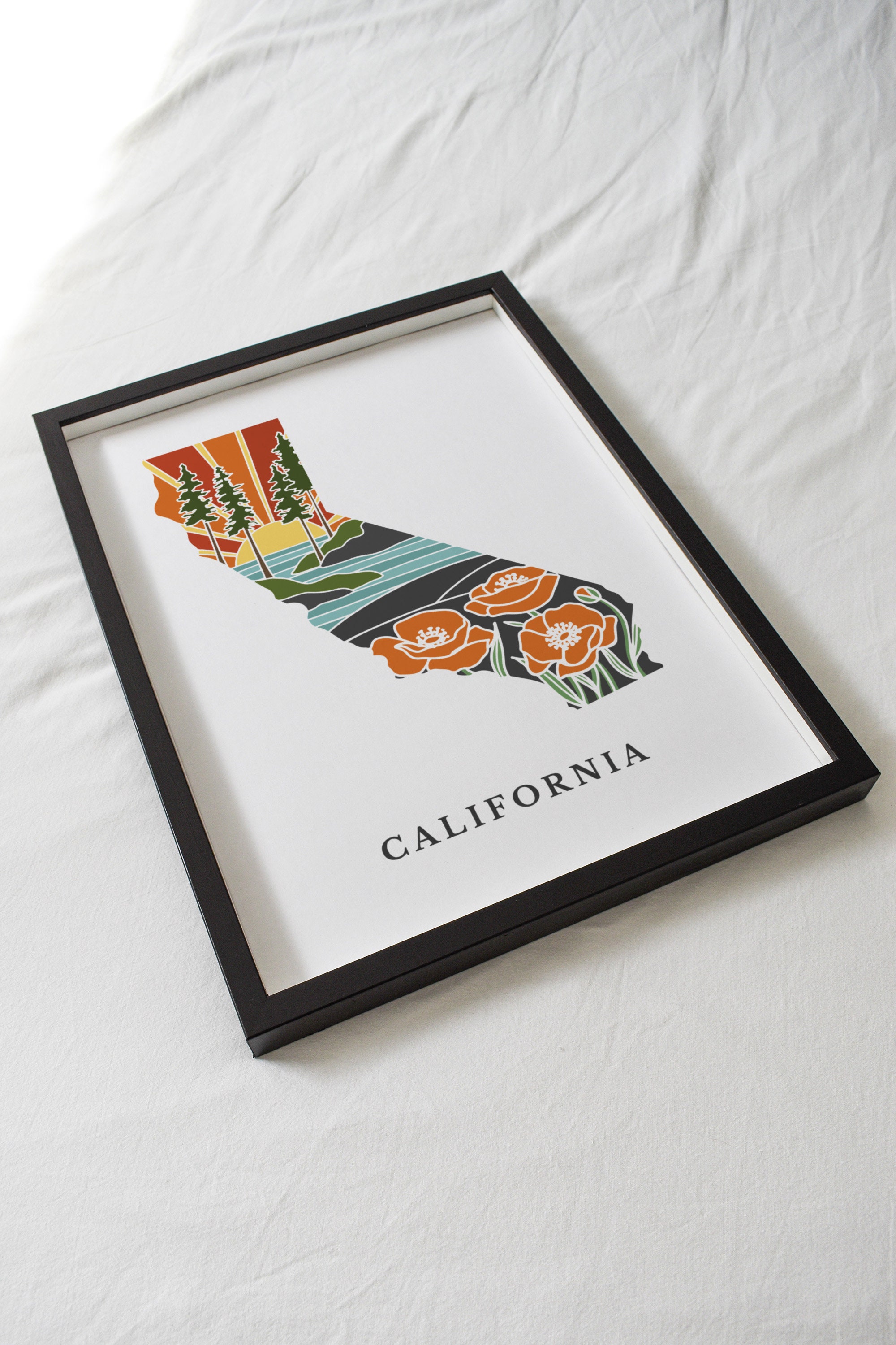 California Poppy Poster | 5x7, 8x10, 11x14, 16x20 Archival Art Print | CA Outline Poster | California Illustration | State Wall Art