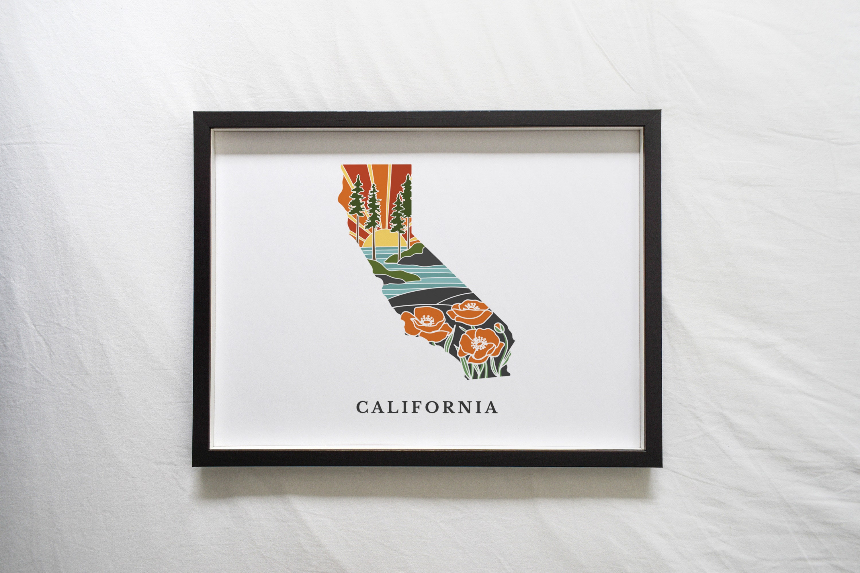 California Poppy Poster | 5x7, 8x10, 11x14, 16x20 Archival Art Print | CA Outline Poster | California Illustration | State Wall Art
