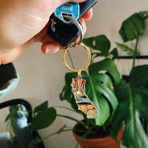 Gold California Poppy Soft Enamel Keychain 1.5 California Outline Key Ring Illustrated State Keychain image 5