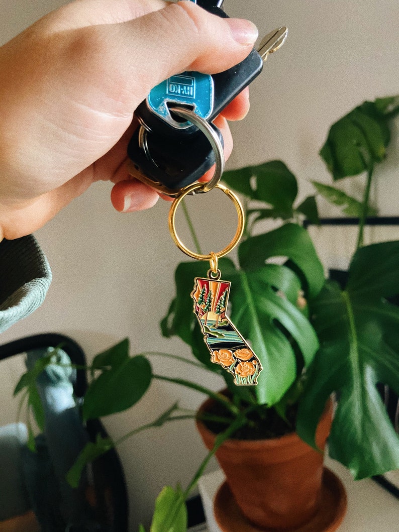 Gold California Poppy Soft Enamel Keychain 1.5 California Outline Key Ring Illustrated State Keychain image 5