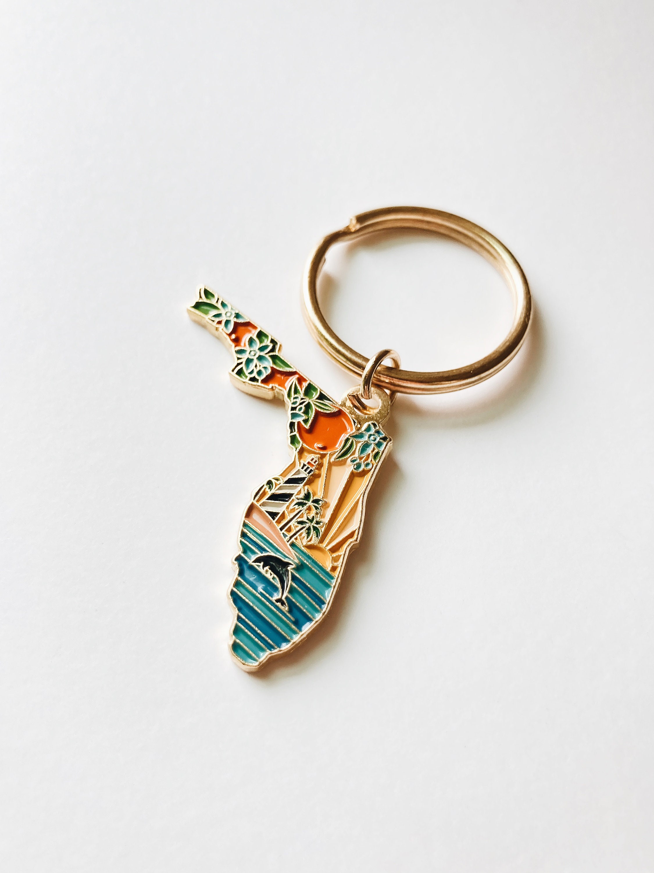 Florida Gold Enamel Keychain | Florida Outline Key Ring | Soft Enamel Illustrated State Keychain 1.5&quot;