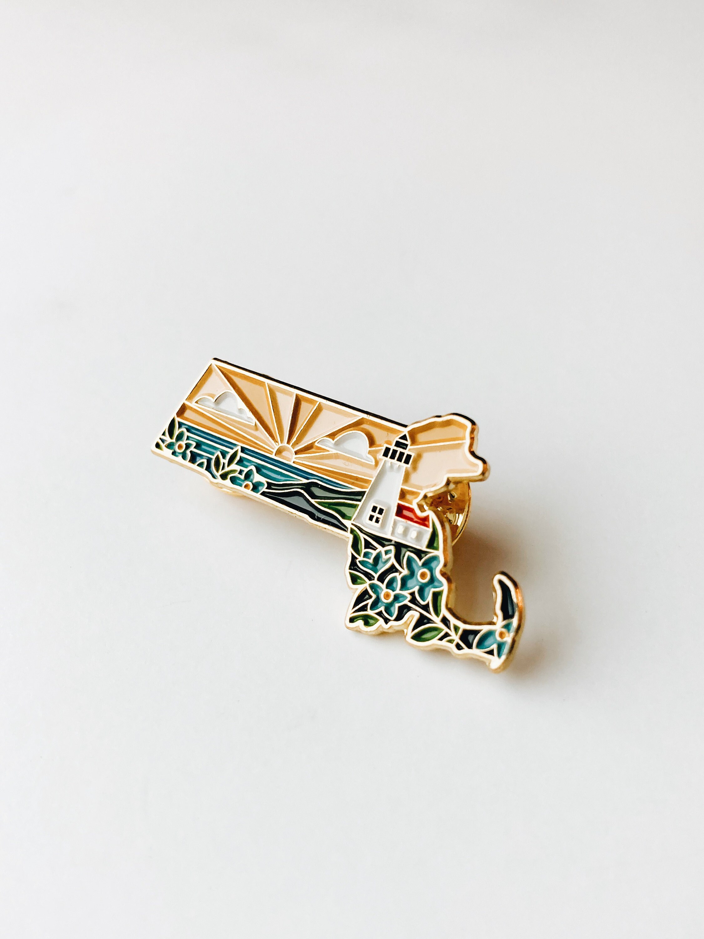 Massachusetts Enamel Pin | Gold Soft Enamel Pin | Illustrated United States Pin | Butterfly Clasp | 1.25&quot;