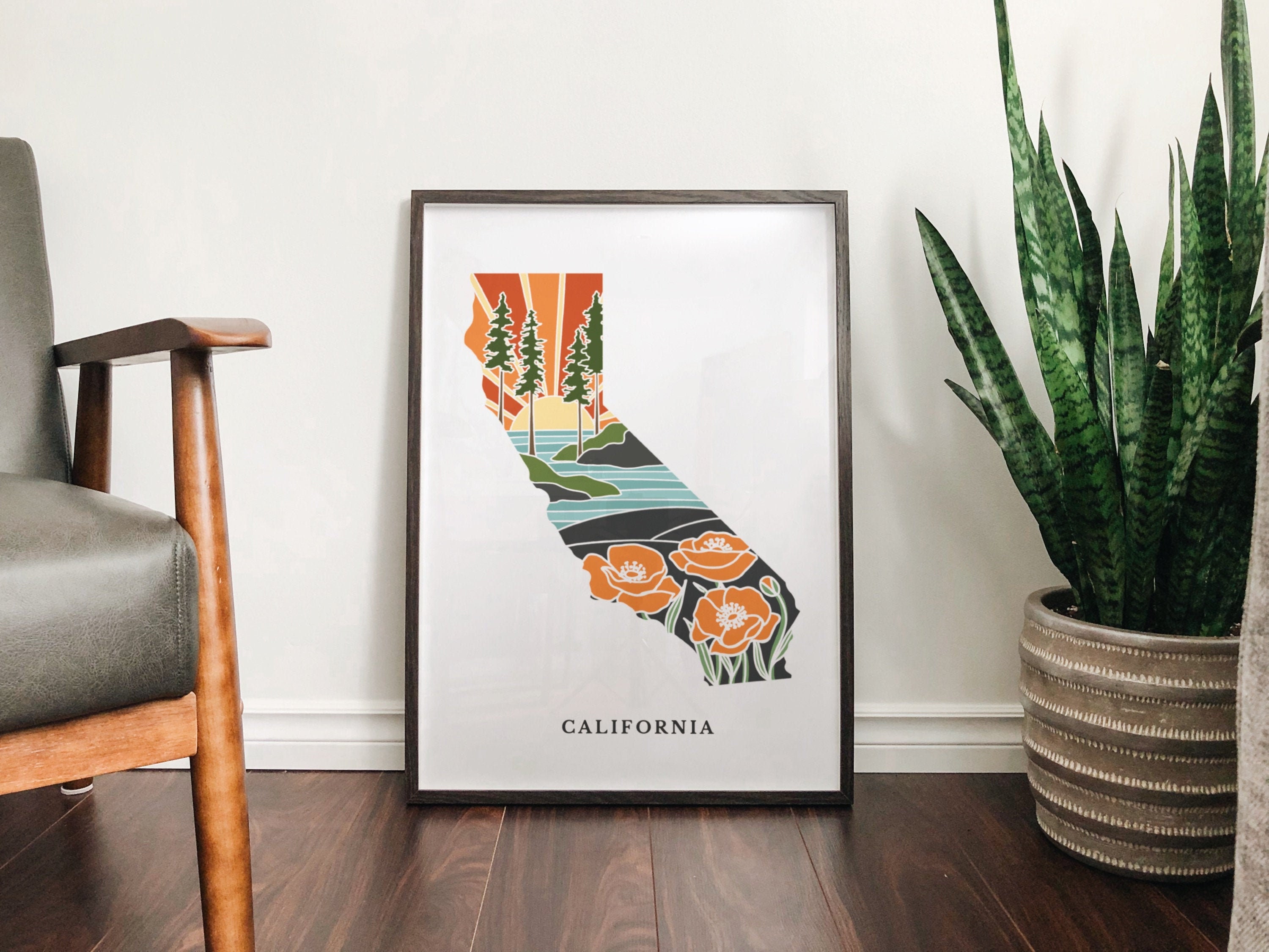 California Poppy Poster | 5x7, 8x10, 11x14, 16x20 Archival Art Print | CA Outline Poster | California Illustration | State Wall Art