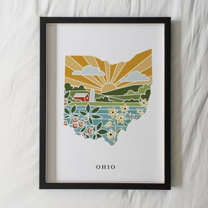 Ohio fysieke kunstafdruk | Staatsmuurkunst | Archival Art Print 5 x 7, 8 x 10, 11 x 14, 16 x 20 | Geïllustreerde poster Ohio