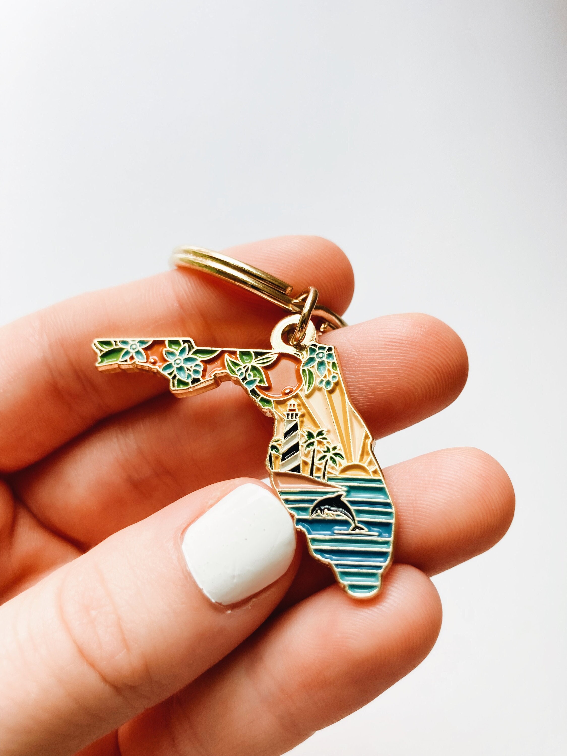 Florida Gold Enamel Keychain | Florida Outline Key Ring | Soft Enamel Illustrated State Keychain 1.5&quot;