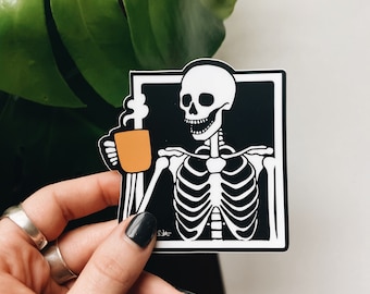 Skeleton Drinking Coffee Sticker | Waterproof Sticker | Vinyl Decal | Waterbottle Sticker | Bumper Sticker 3 inch