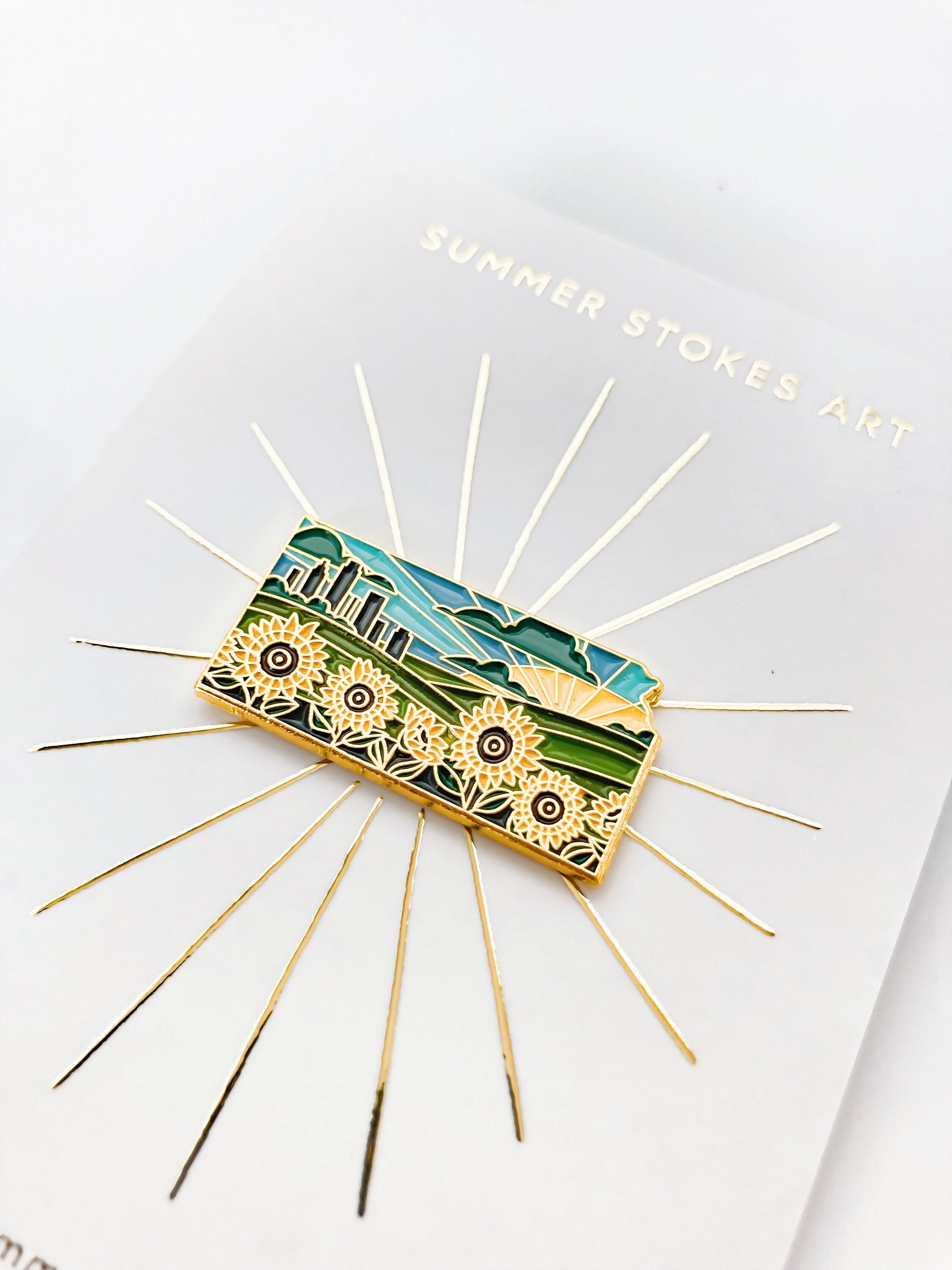 Kansas Sunflower Enamel Pin | Kansas Outline Pin | Illustrated State Pin | Butterfly Clasp | 1&quot;