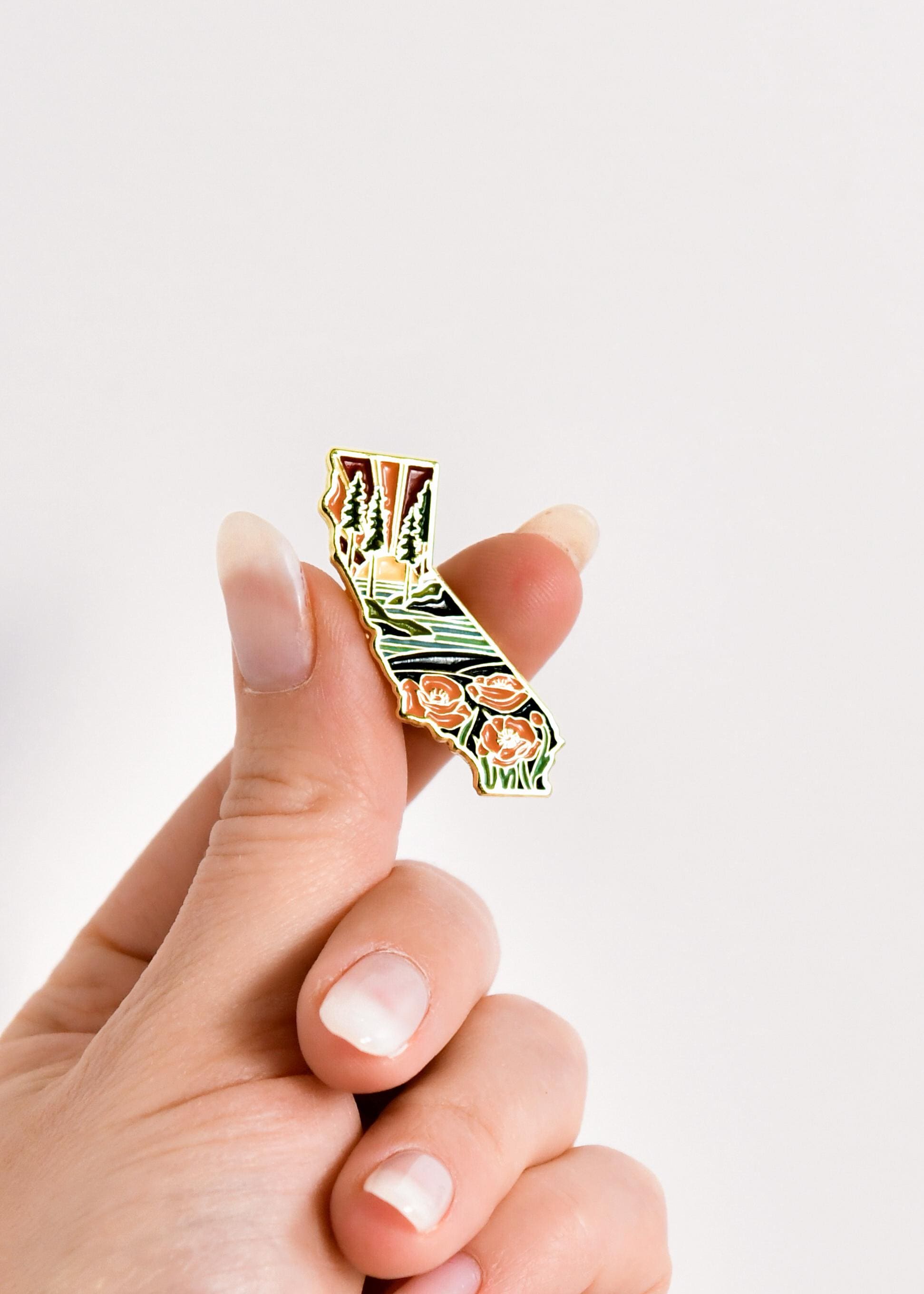 California Poppy Enamel Pin | California Outline Pin | Illustrated State Pin | Butterfly Clasp | 1&quot;