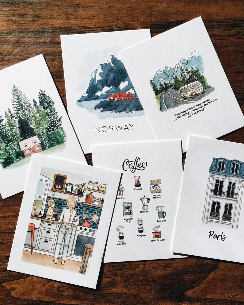 Illustrated Postcard Variety Set Set of 6 Mix & Match Watercolor Postcards Mini Art Prints Illustrated Stationary image 3