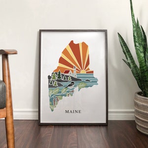 Maine Physical Art Print State Wall Art 5x7, 8x10, 11x14, 16x20 Archival Art Print Maine Illustrated Poster image 3