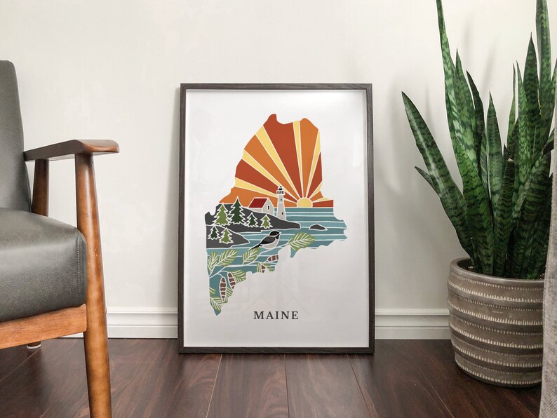 Maine Physical Art Print State Wall Art 5x7, 8x10, 11x14, 16x20 Archival Art Print Maine Illustrated Poster image 3